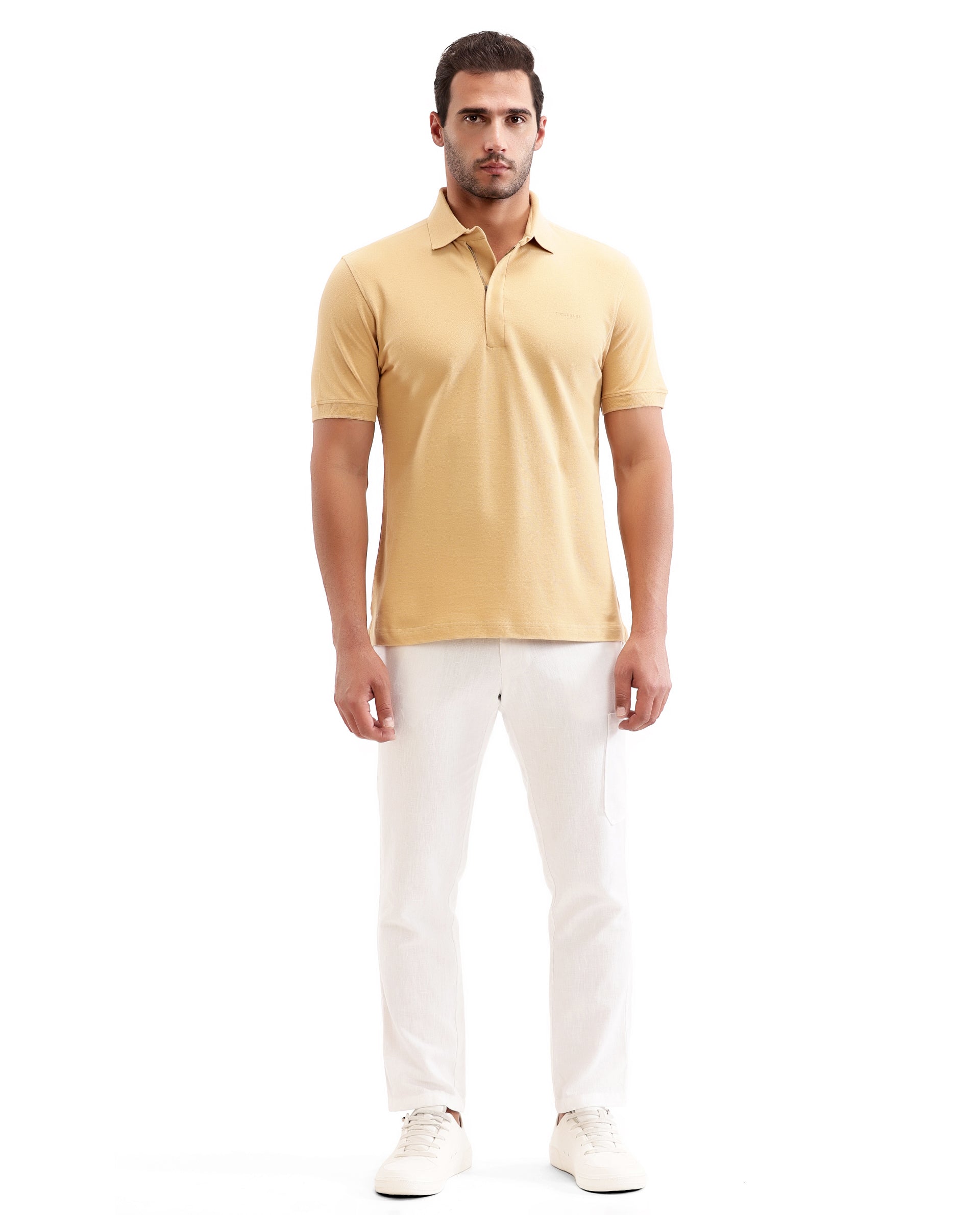 Camel Beige Solid Polo with Concealed 7C Metal Zip, HD Print