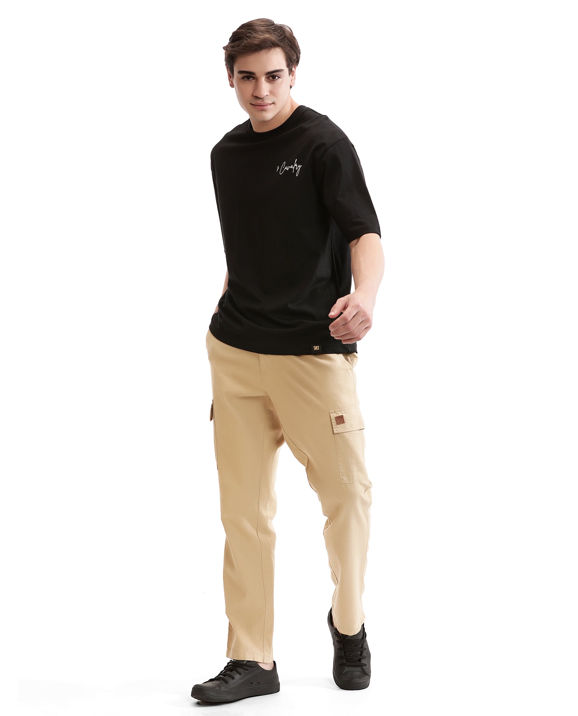 Charcoal Black Single Jersey Crew Neck Oversized T-Shirt with Pure White Non-PVC Print
