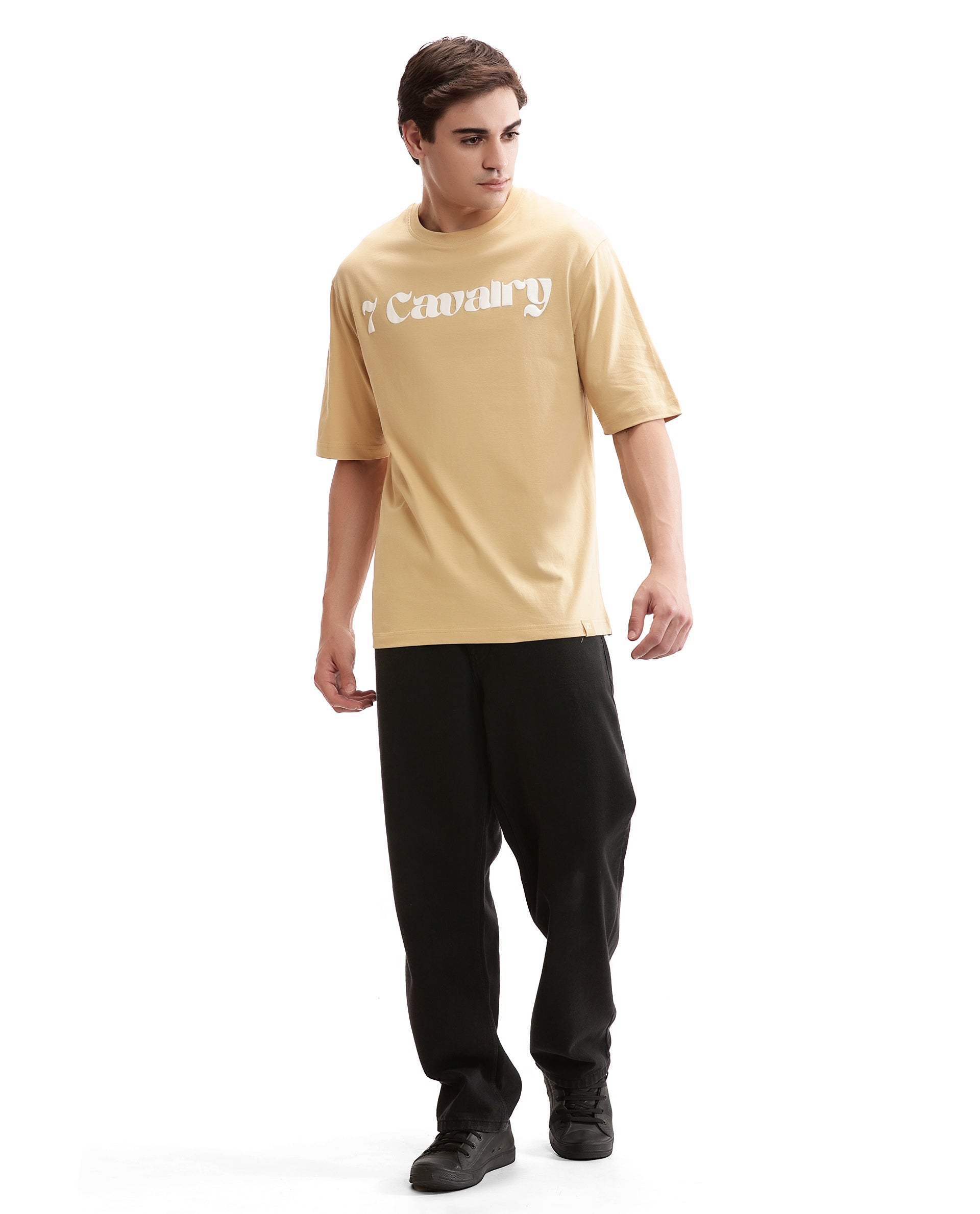 Camel Beige Single Jersey Crew Neck Oversized T-Shirt with Pure White Puff Print