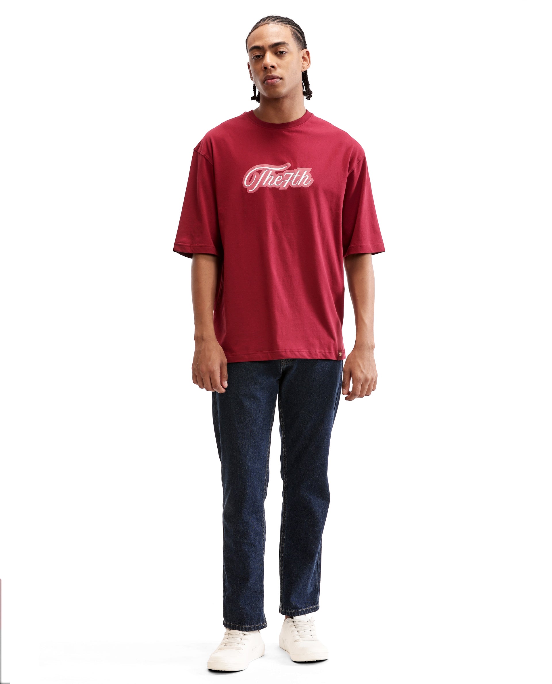 Bordeaux Maroon Single Jersey Crew Neck Oversized T-Shirt with Light Maroon Print & Pure White 7C Embroidery