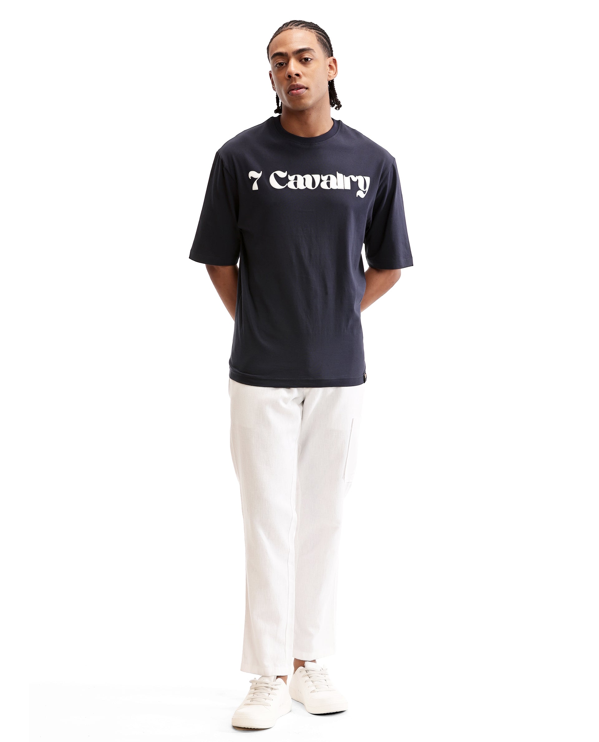 Midnight Navy Blue Single Jersey Crew Neck Oversized T-Shirt with Pure White Puff Print
