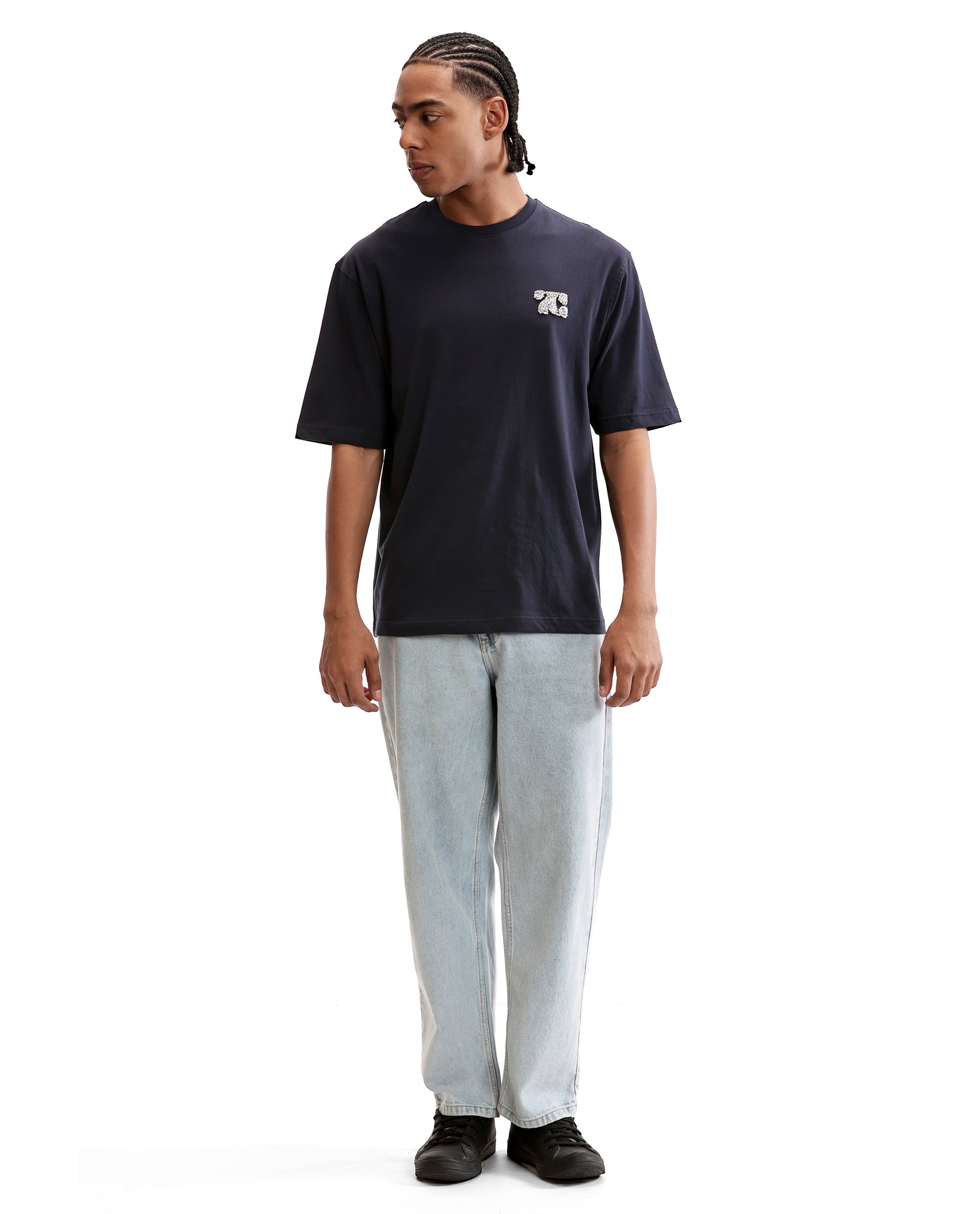 Midnight Navy Blue Single Jersey Crew Neck Oversized T-Shirt with Crystal Finish Rhinestones