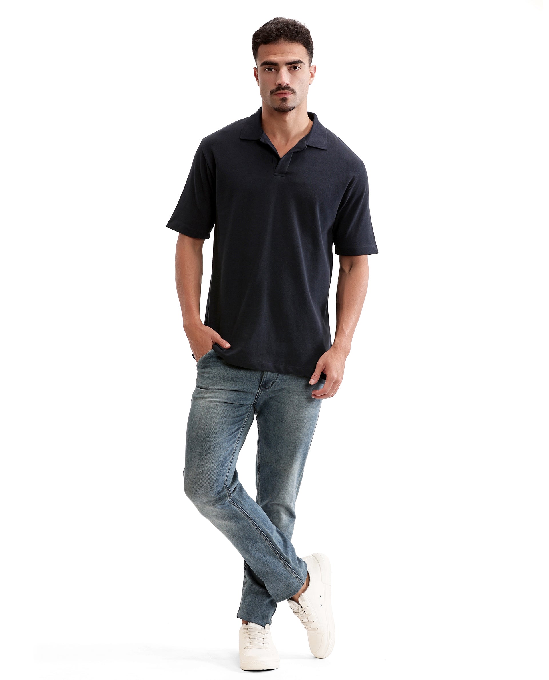 Midnight Navy Blue Pique Johnny Collar Polo