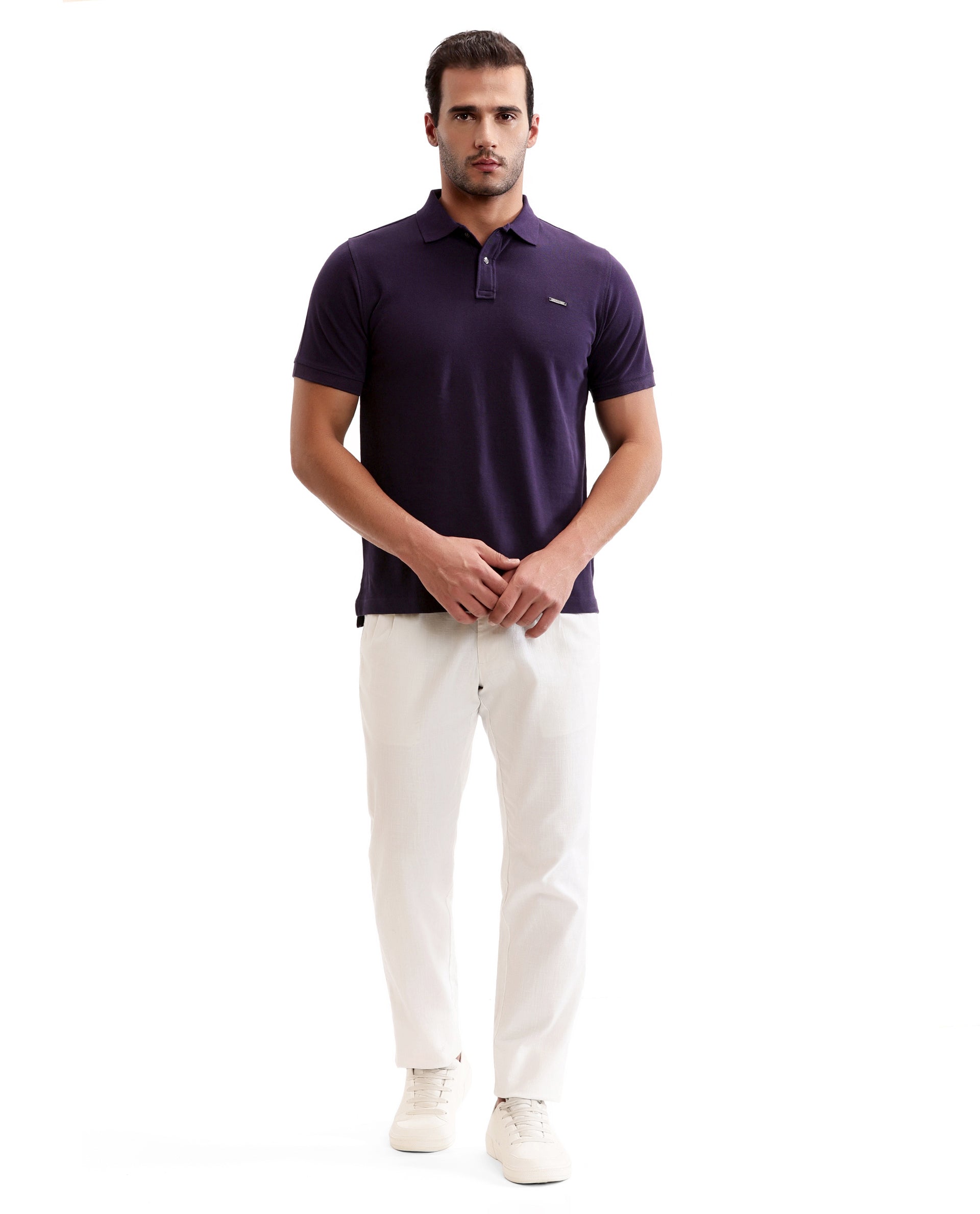 Deep Purple Pique Polo with Metal Buttons, 7C Metal Badge