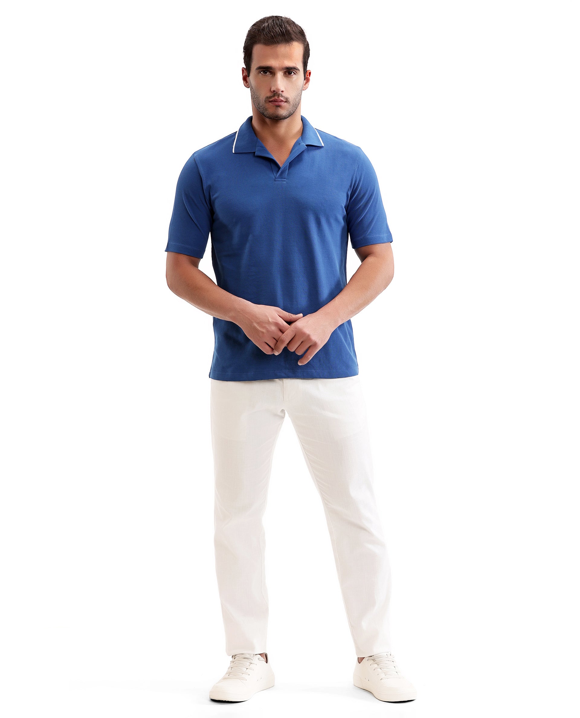 Prussian Blue Johnny Collar Polo with White Collar Piping