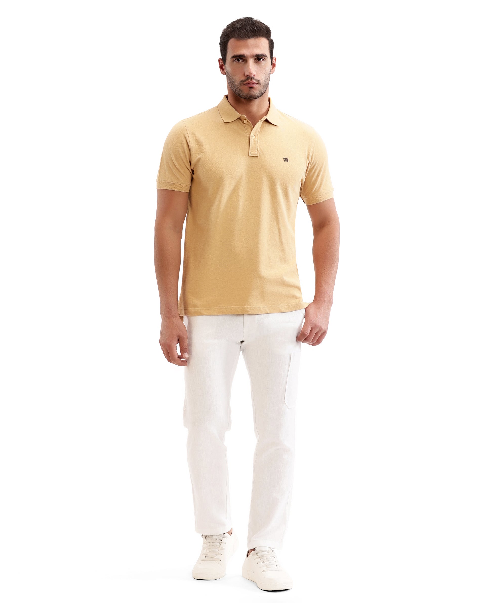 Camel Beige Pique Polo with 7C Metal Insignia