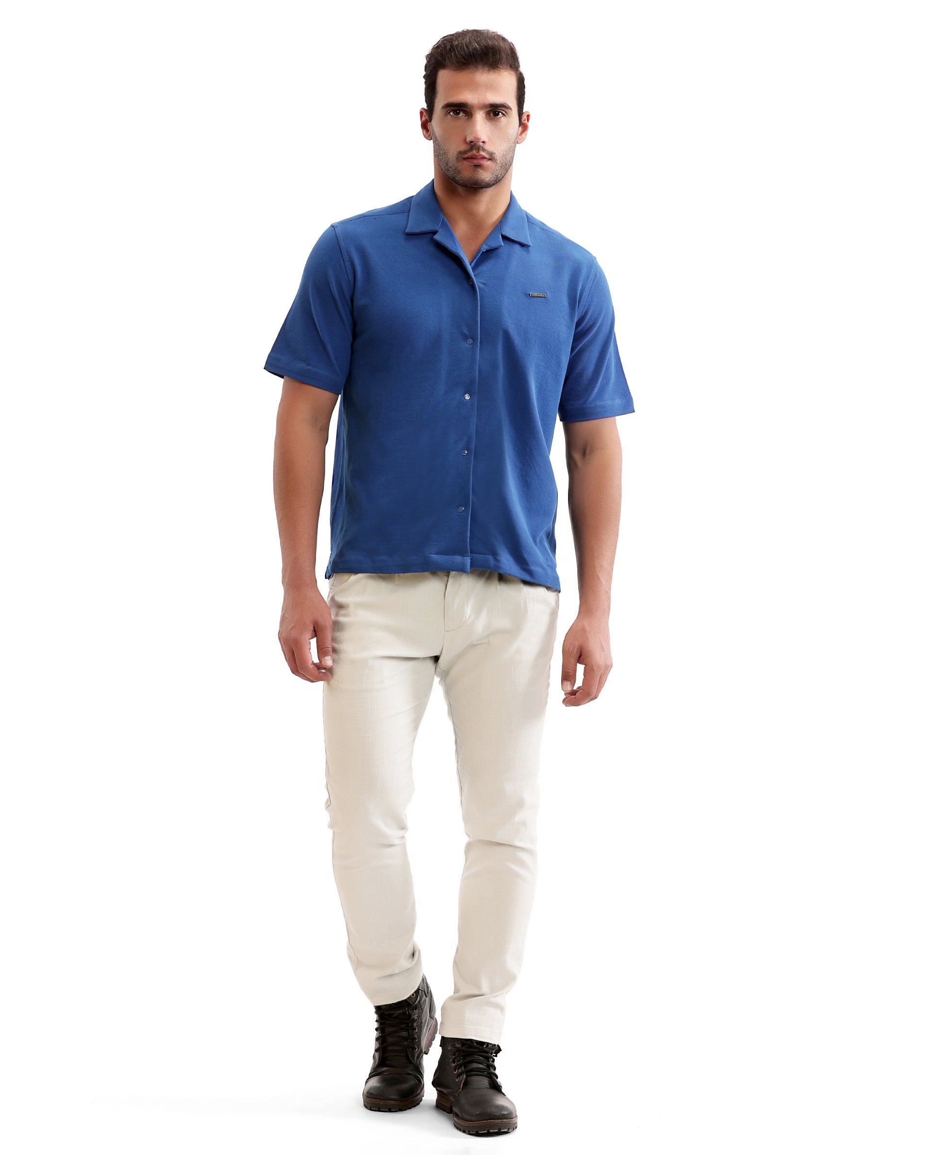 Imperial Prussian Blue Pique Knit Shirt with 7C Engraved Snap Buttons, Gun Metal Badge