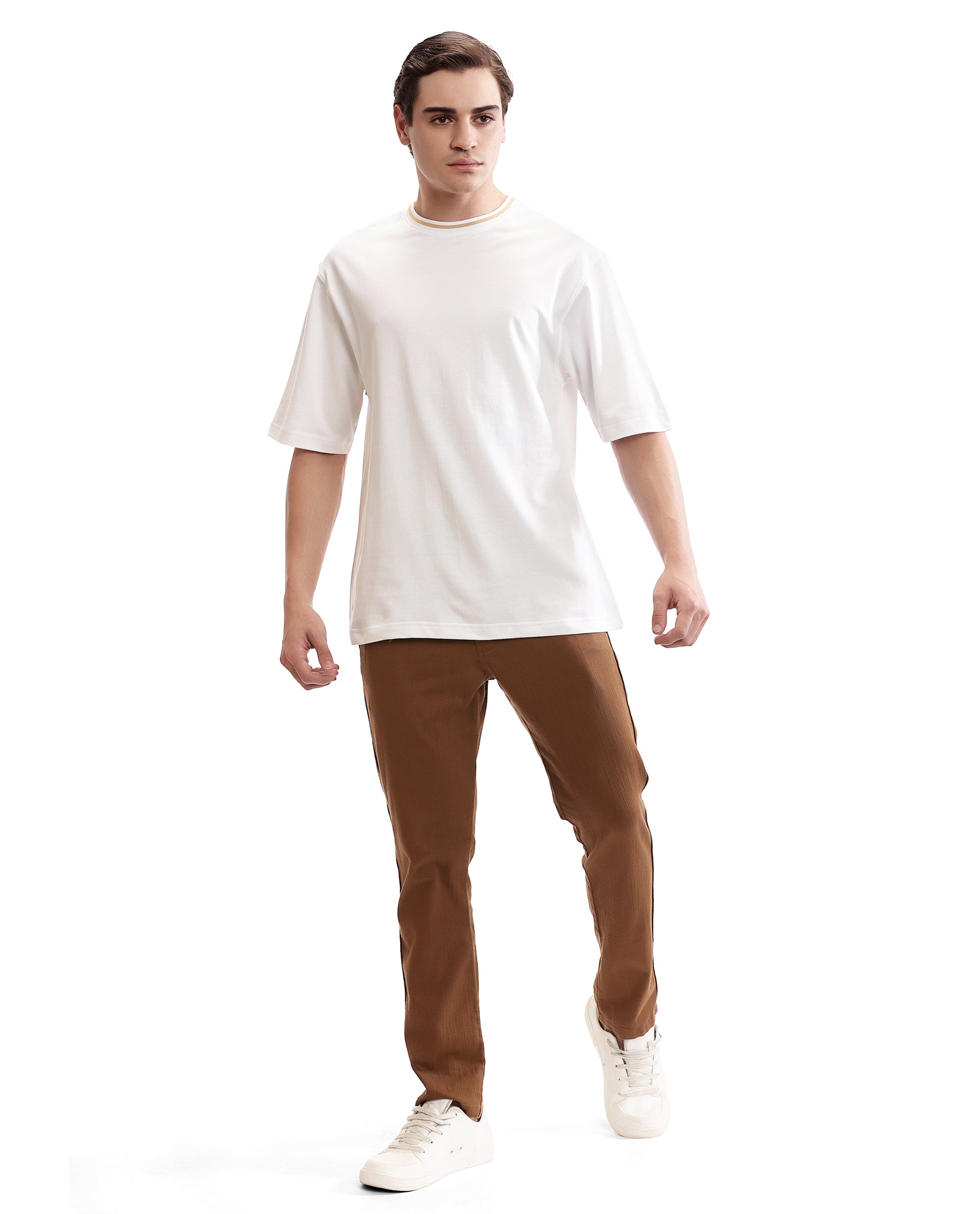 Pure White Pique Crew Neck Oversized T-Shirt with Camel Beige Piping
