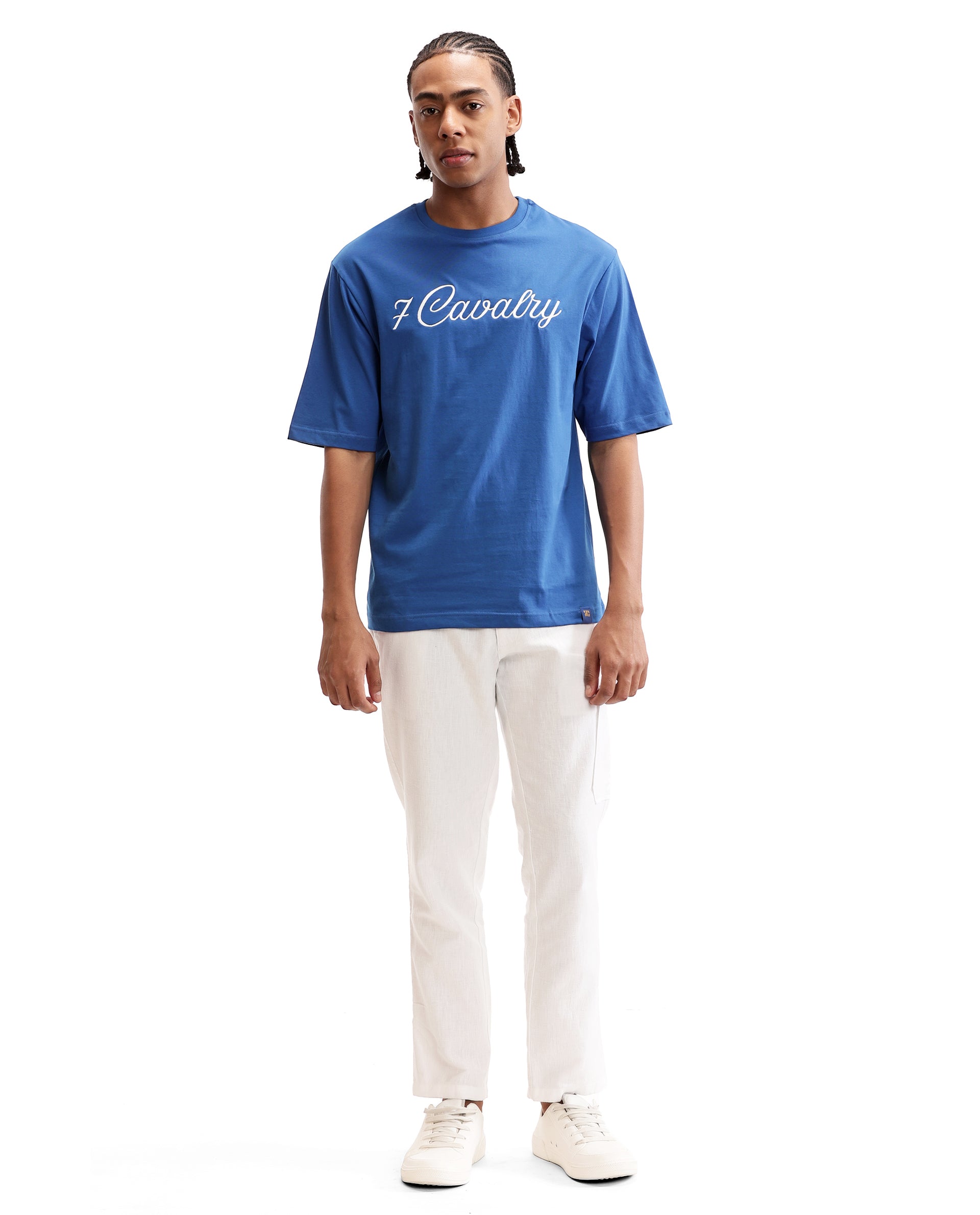 Imperial Prussian Blue Single Jersey Crew Neck Oversized T-Shirt with Pure White Embroidery