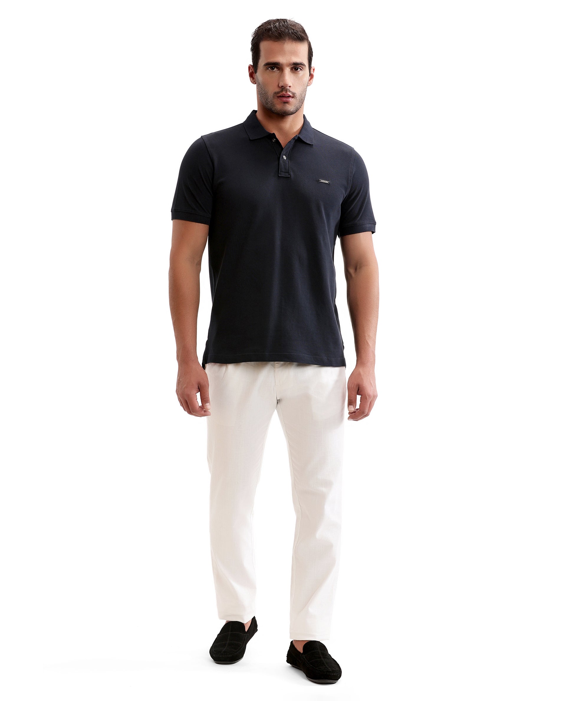 Midnight Navy Blue Pique Polo with Metal Buttons, 7C Metal Badge