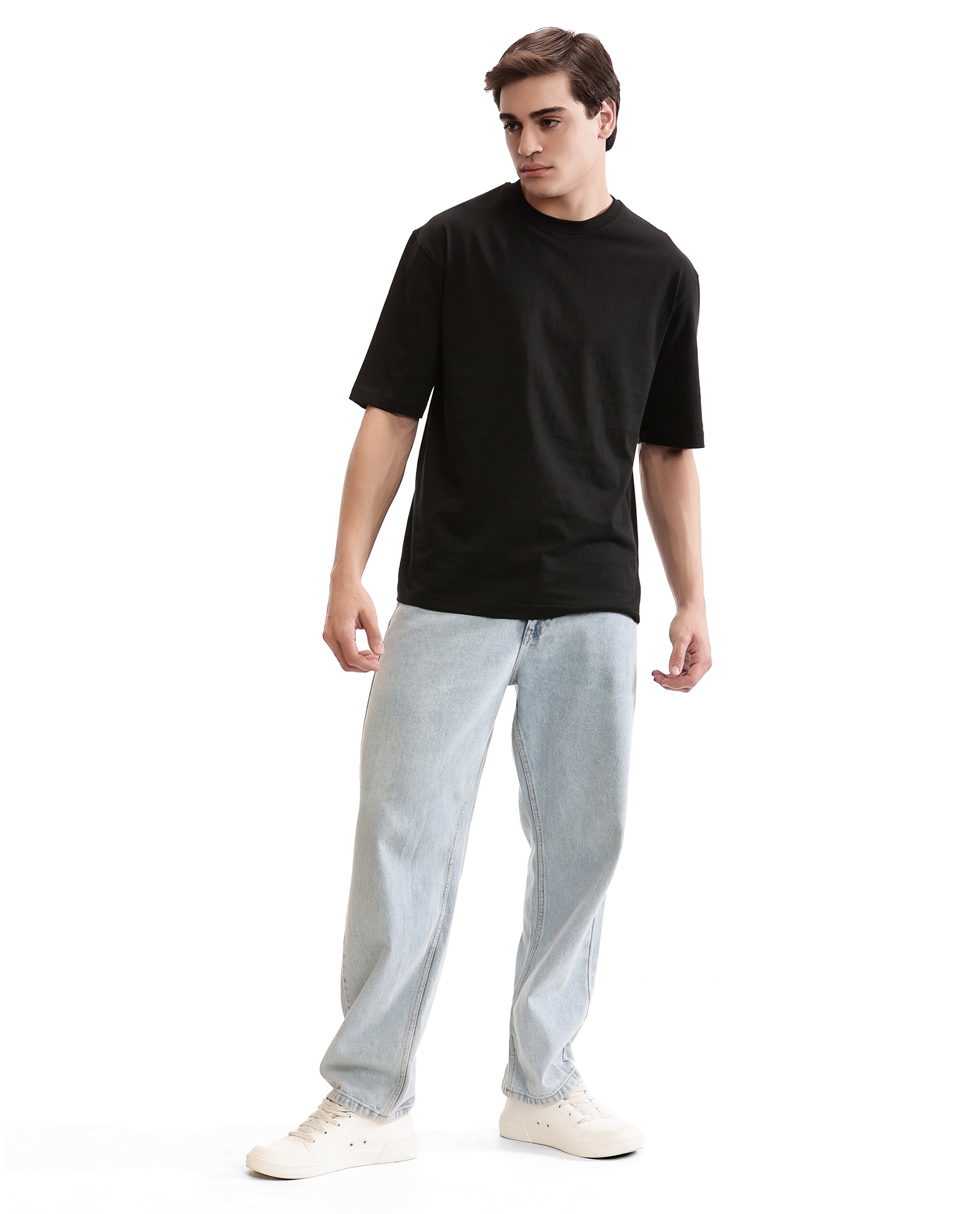 Charcoal Black Single Jersey Crew Neck Oversized T-Shirt