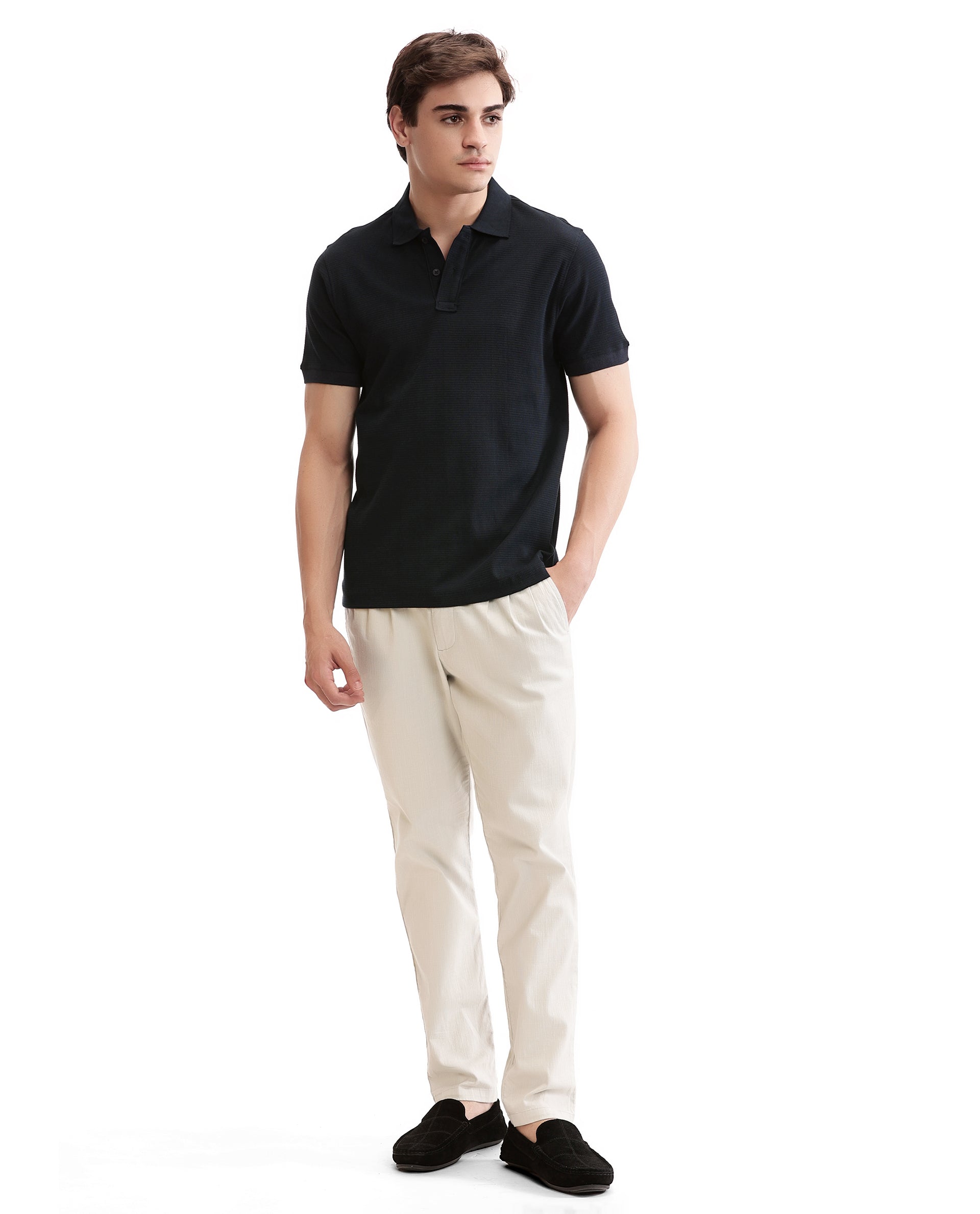 Midnight Navy Blue Knitted Waffle Polo with Ribbed Collar