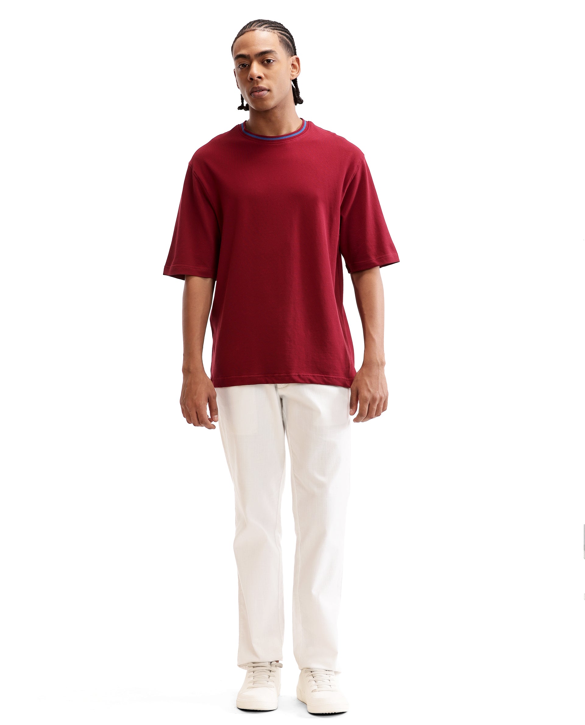 Bordeaux Maroon Pique Crew Neck Oversized T-Shirt with Midnight Navy Blue Piping