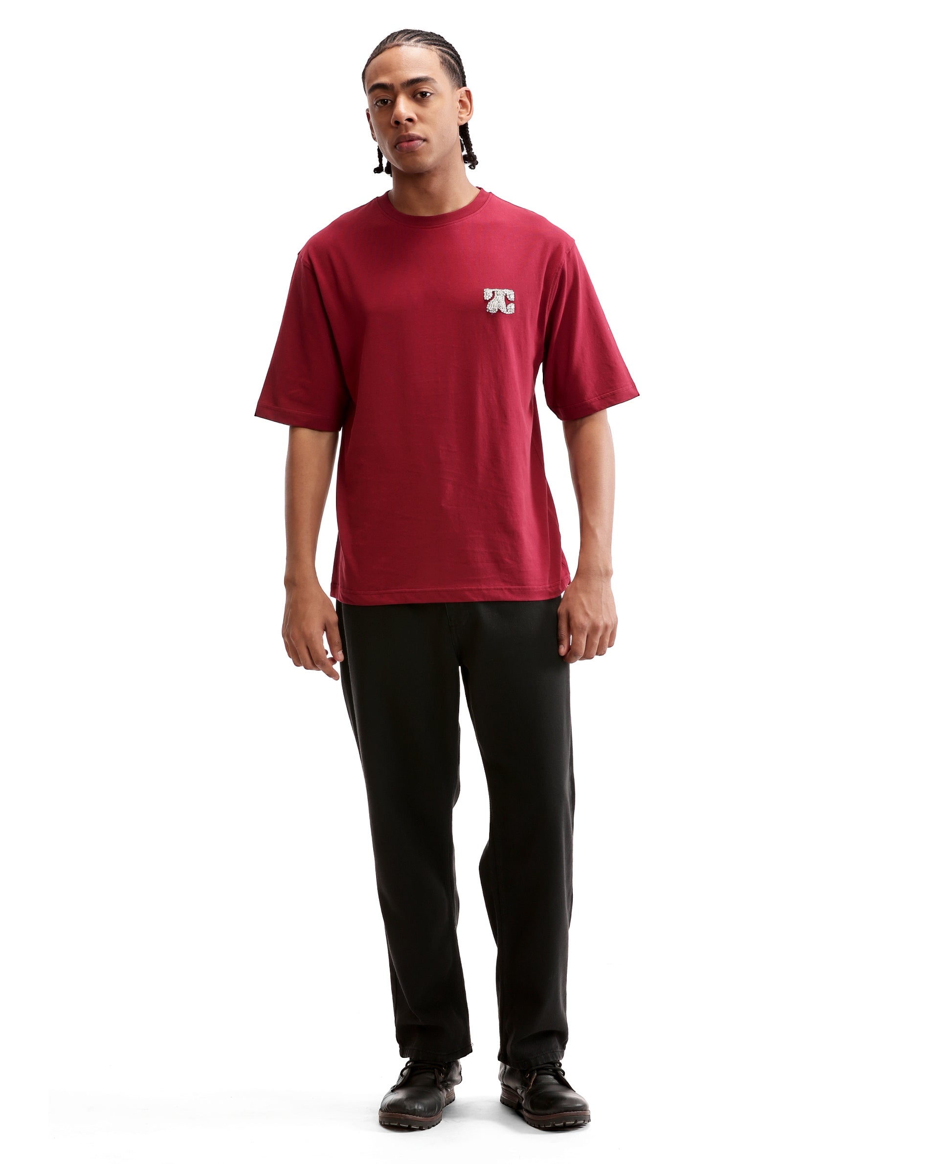 Bordeaux Maroon Single Jersey Crew Neck Oversized T-Shirt with Crystal Finish Rhinestones
