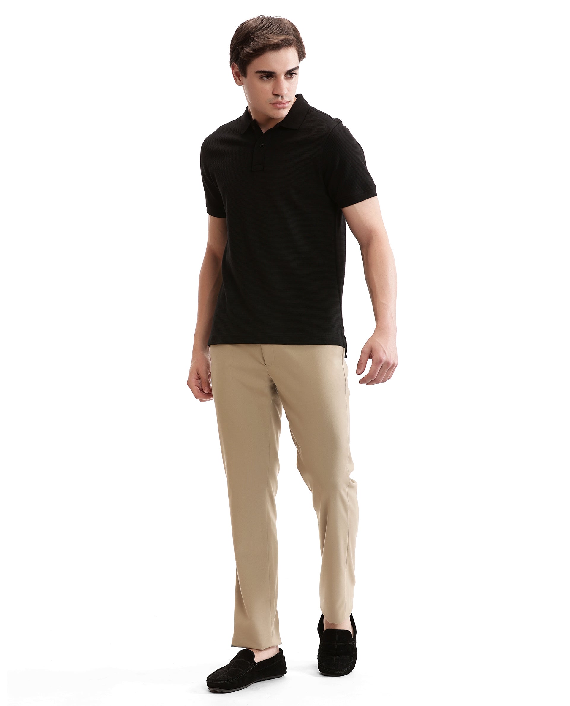 Charcoal Black Knitted Ottoman Polo with Ribbed Collar