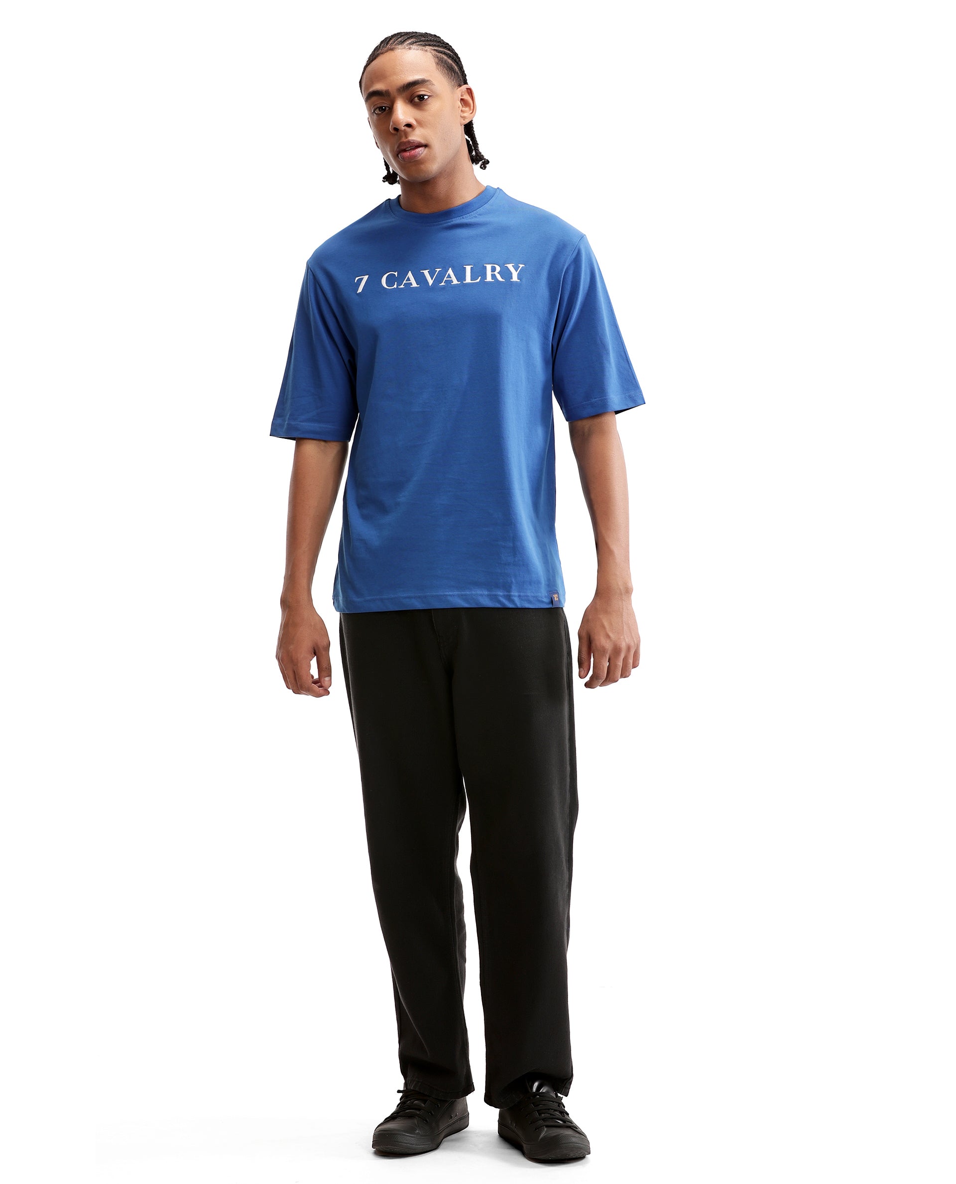 Imperial Prussian Blue Single Jersey Crew Neck Oversized T-Shirt with Pure White Embroidery