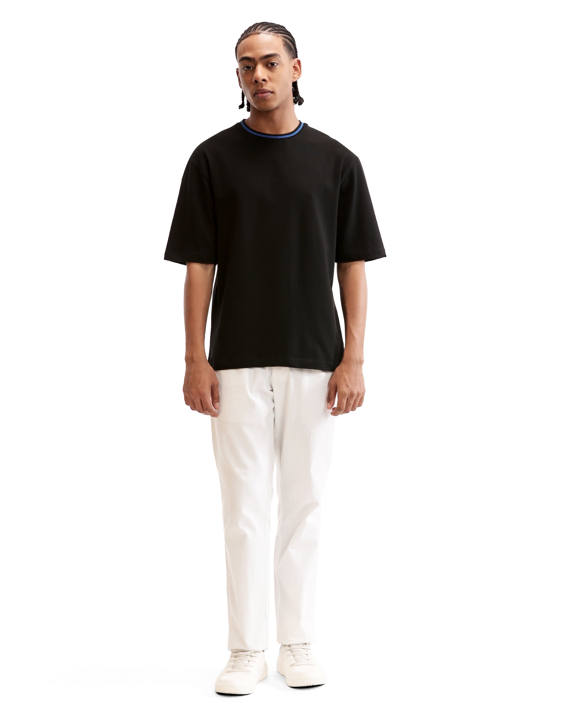 Charcoal Black Pique Crew Neck Oversized T-Shirt with Imperial Prussian Blue Piping