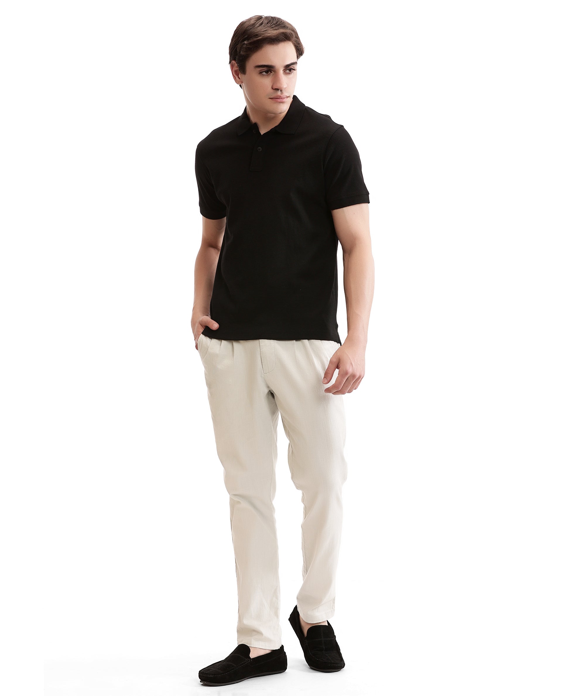 Charcoal Black Knitted Waffle Polo with Ribbed Collar