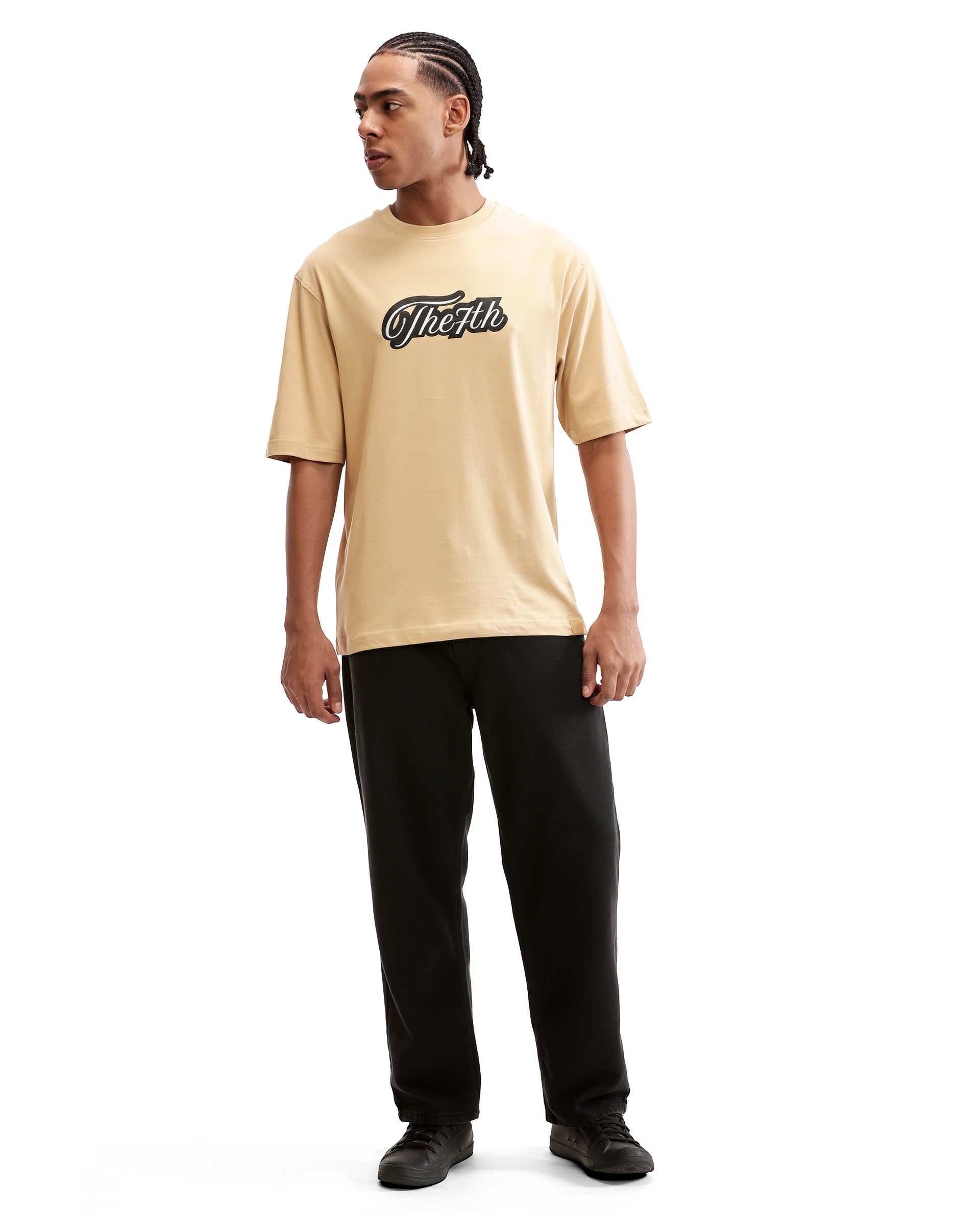 Camel Beige Single Jersey Crew Neck Oversized T-Shirt with Black Print & Pure White 7C Embroidery