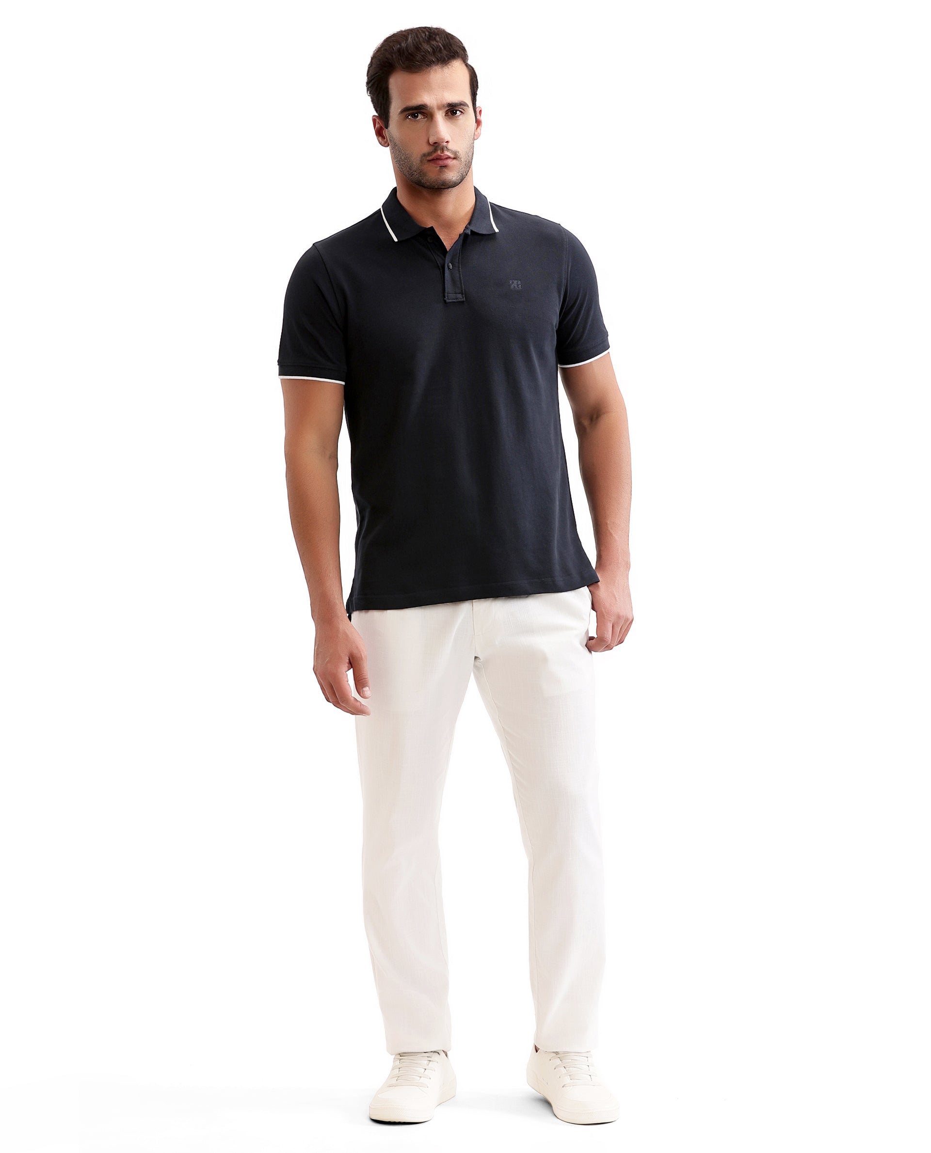 Midnight Navy Blue Pique Polo with White Collar Piping, Tone-on-Tone 7C Embroidery
