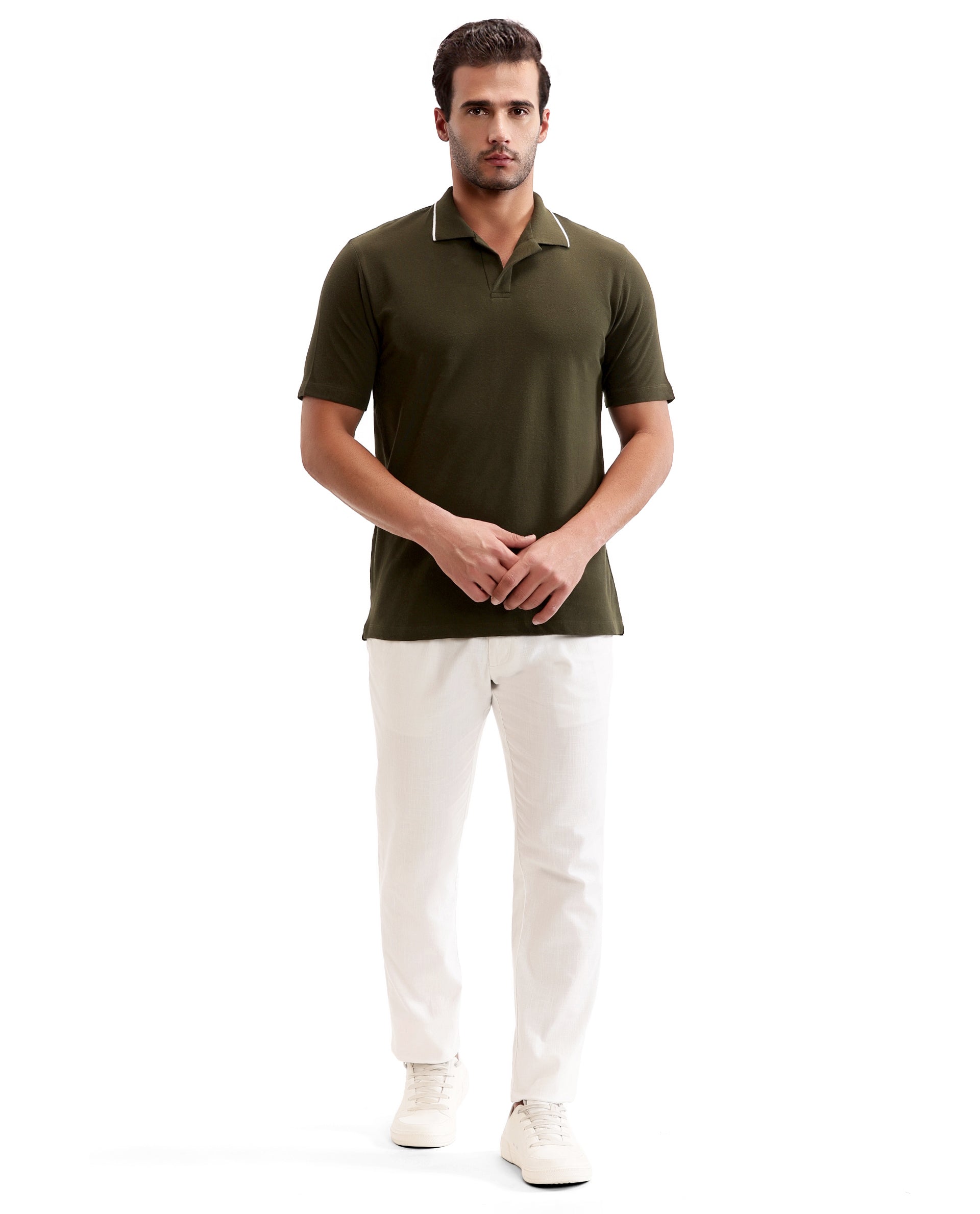 Vintage Olive Johnny Collar Pique Polo with White Collar Piping