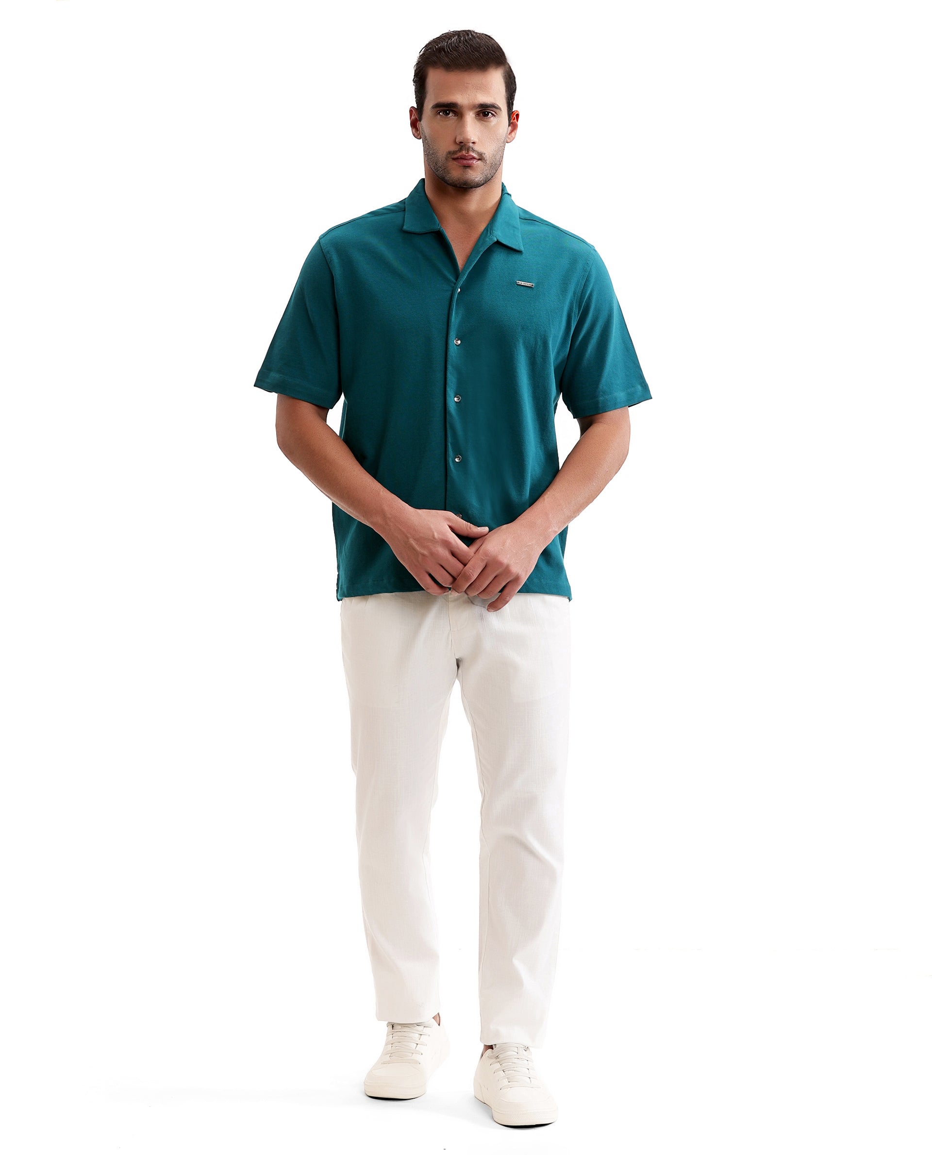 Ocean Teal Pique Knit Shirt with 7C Metal Buttons, Gun Metal Badge