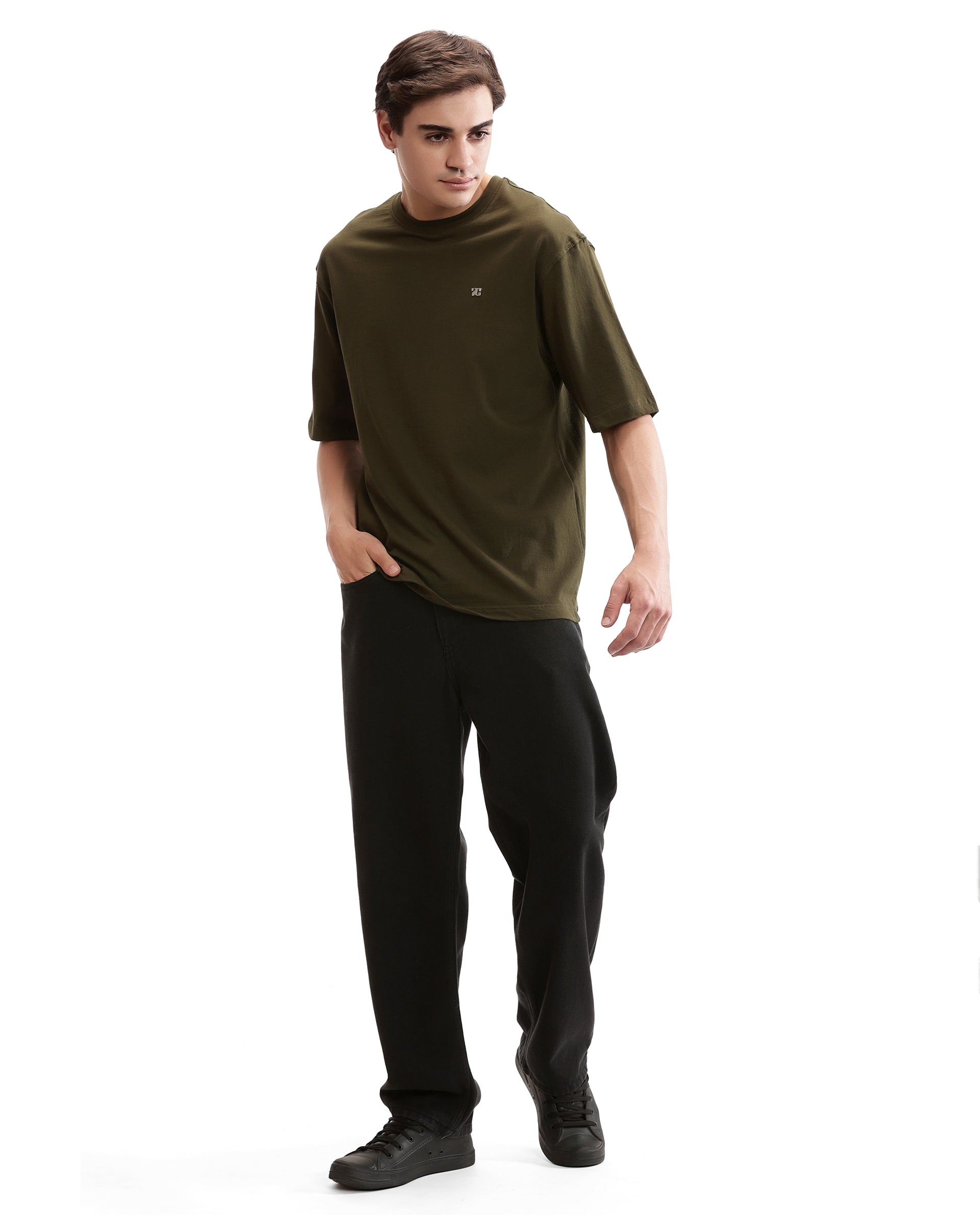 Vintage Olive Single Jersey Crew Neck Oversized T-Shirt with 7C Gun Metal Insignia