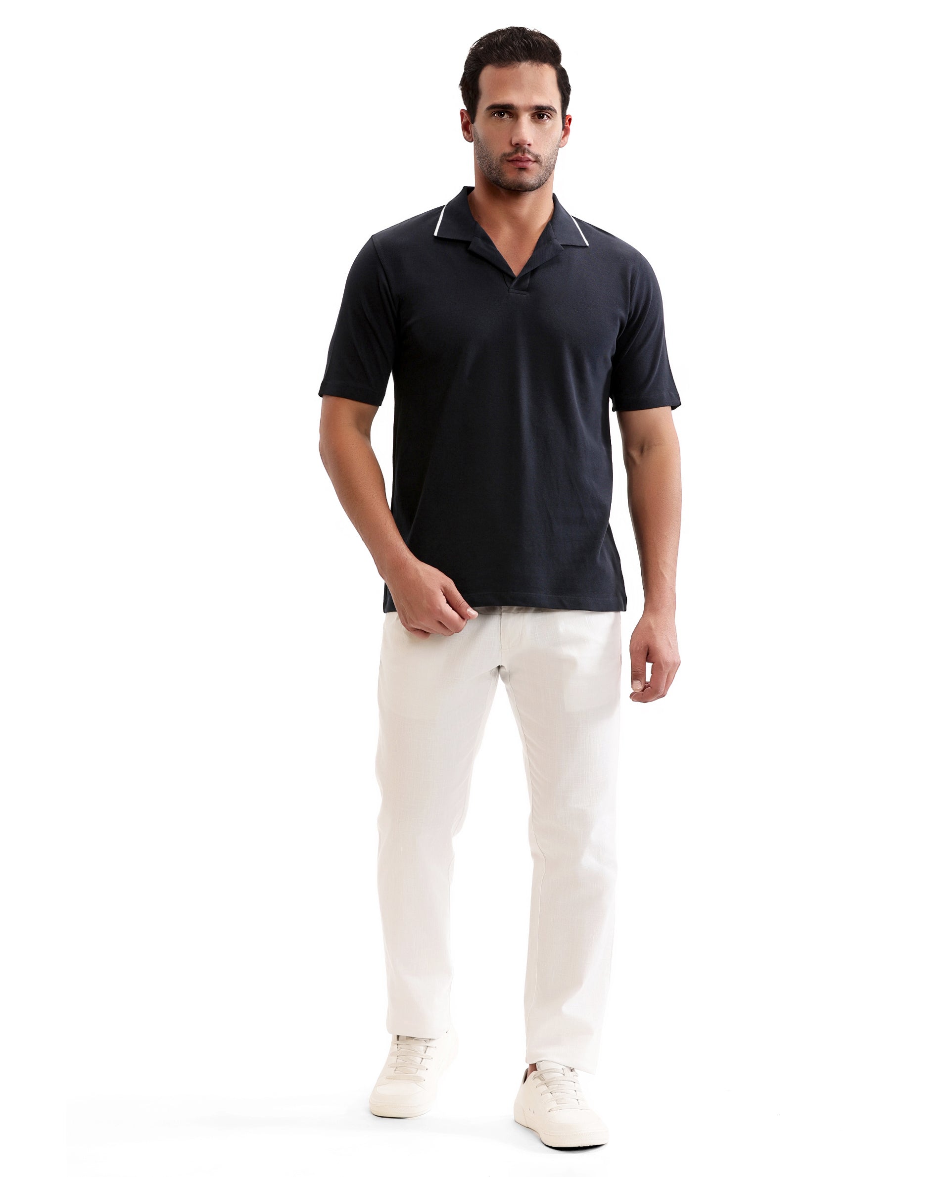 Midnight Navy Blue Johnny Collar Pique Polo with White Collar Piping