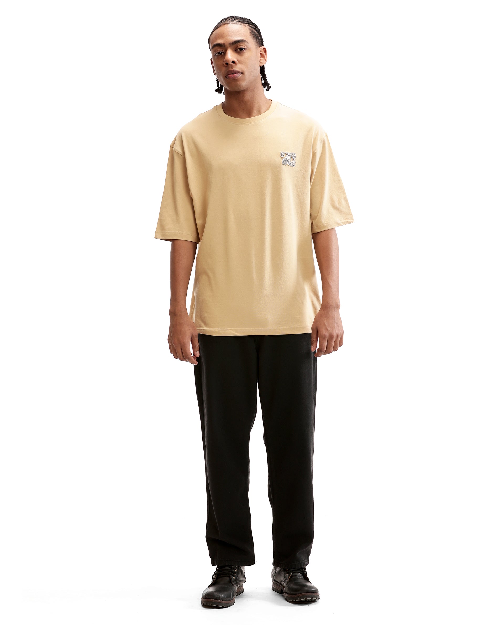 Camel Beige Single Jersey Crew Neck Oversized T-Shirt with Crystal Finish Rhinestones