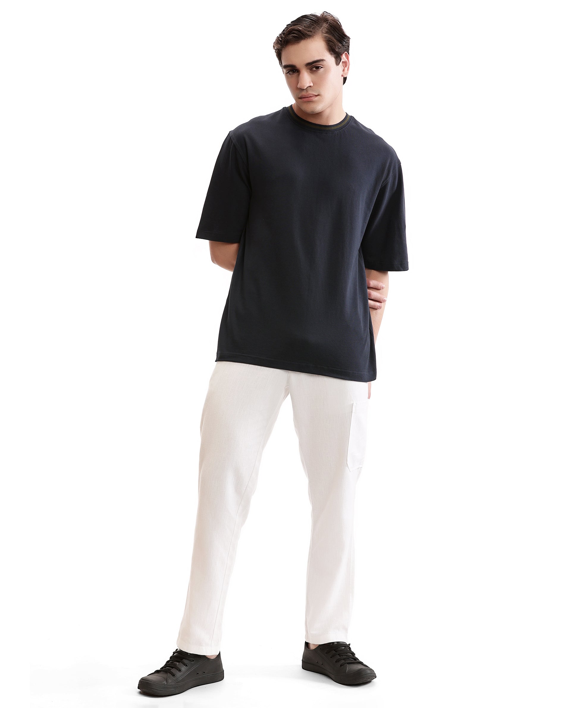 Midnight Navy Blue Pique Crew Neck Oversized T-Shirt with Vintage Olive Piping