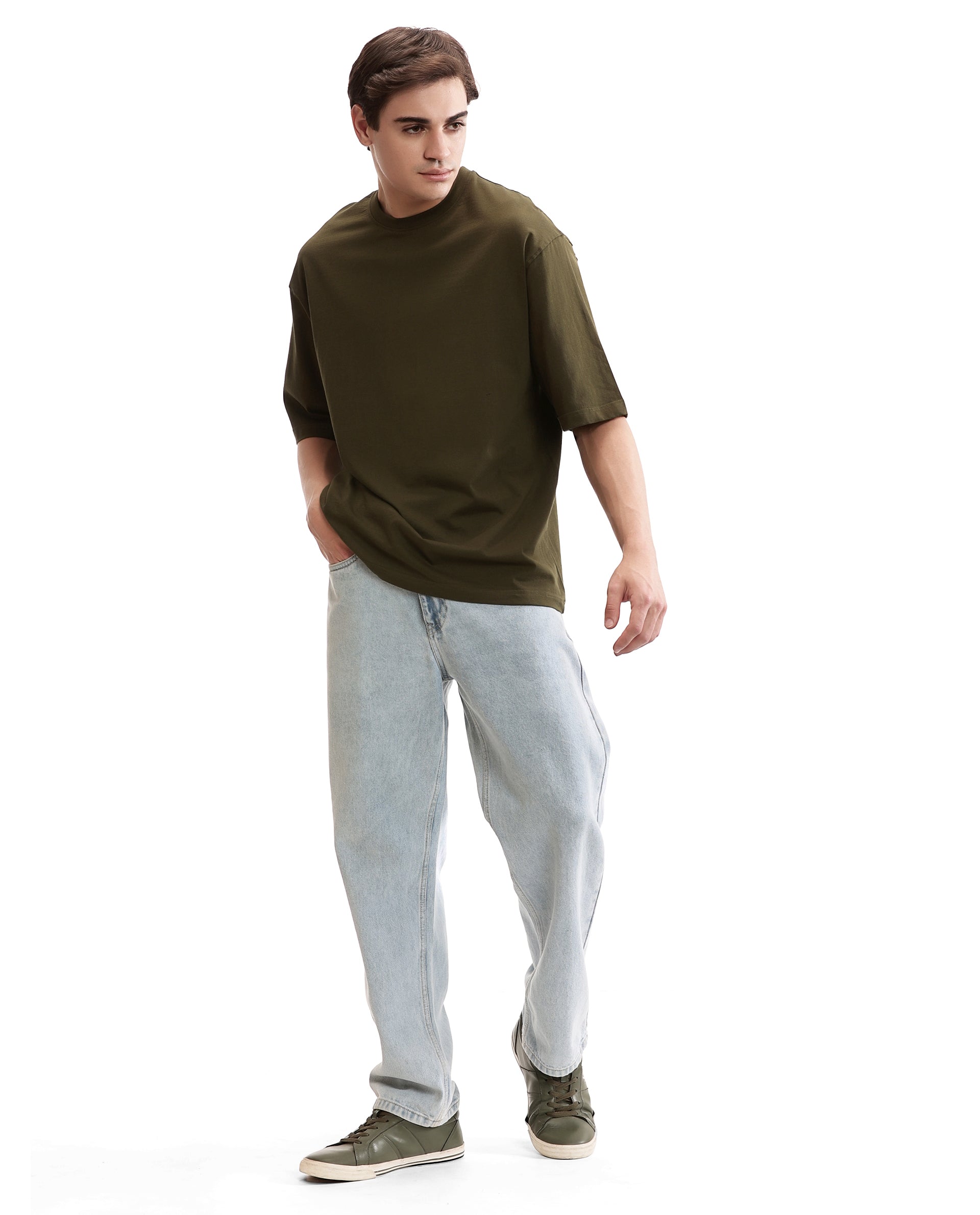 Vintage Olive Single Jersey Crew Neck Oversized T-Shirt
