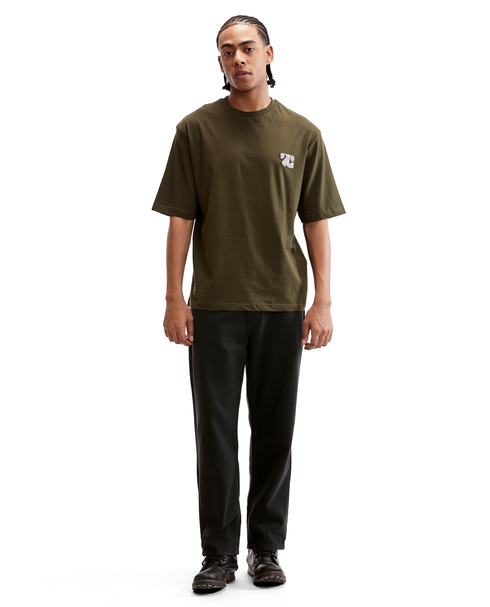 Vintage Olive Single Jersey Crew Neck Oversized T-Shirt with Crystal Finish Rhinestones
