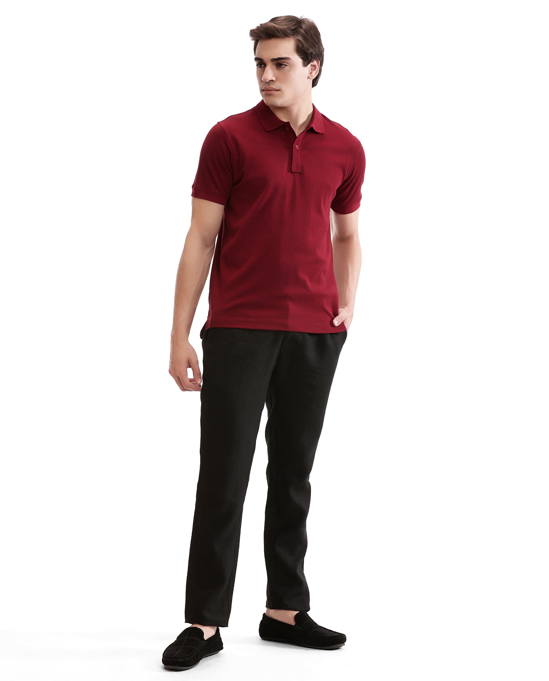 Bordeaux Maroon Knitted Waffle Polo with Ribbed Collar