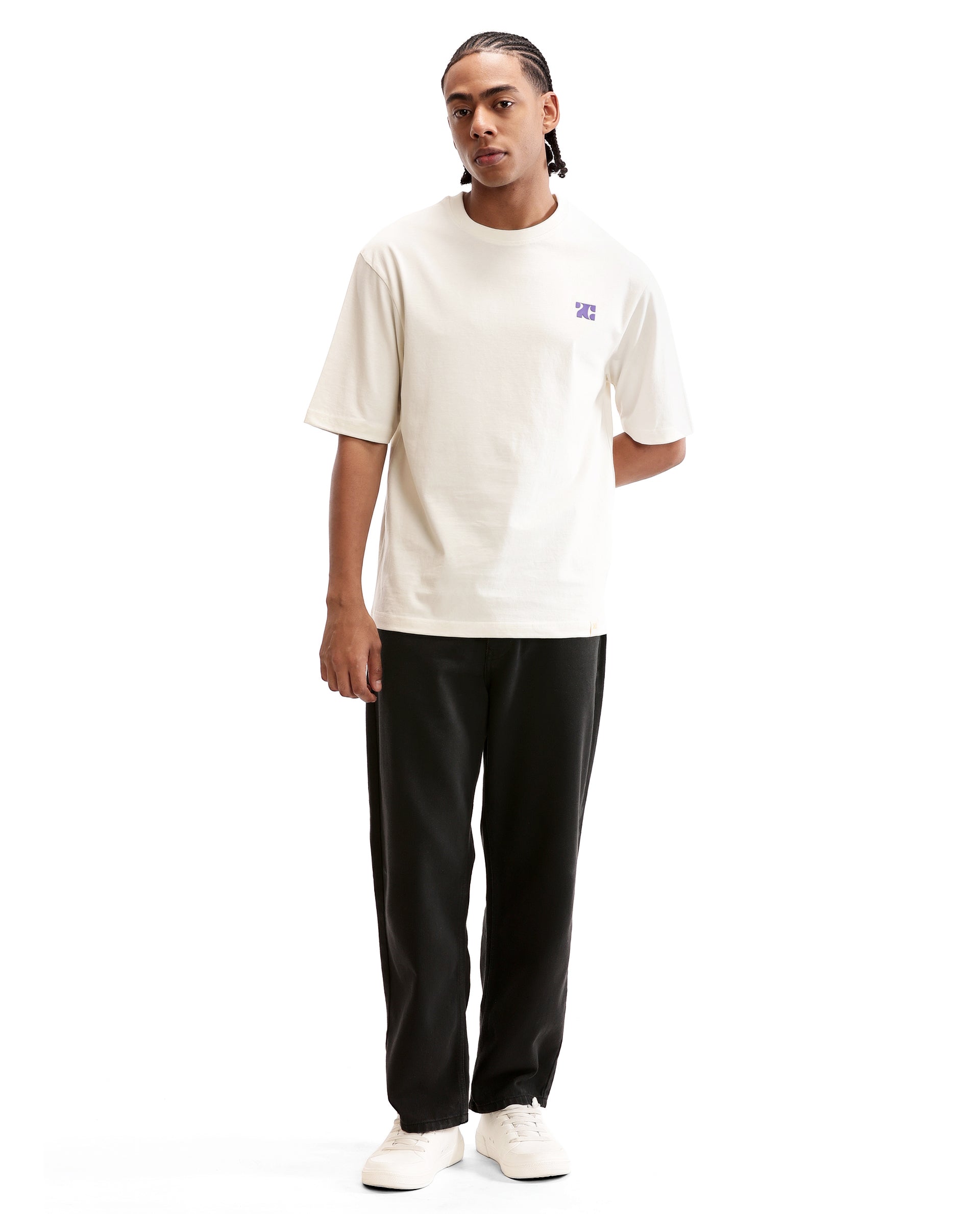 Ivory White Single Jersey Crew Neck Oversized T-Shirt with Deep Purple HD Print