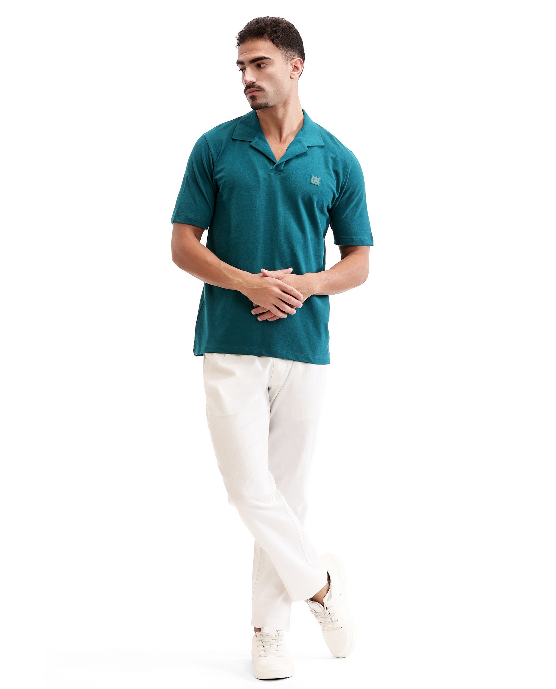 Ocean Teal Pique Johnny Collar Polo with 7C Rubber Badge