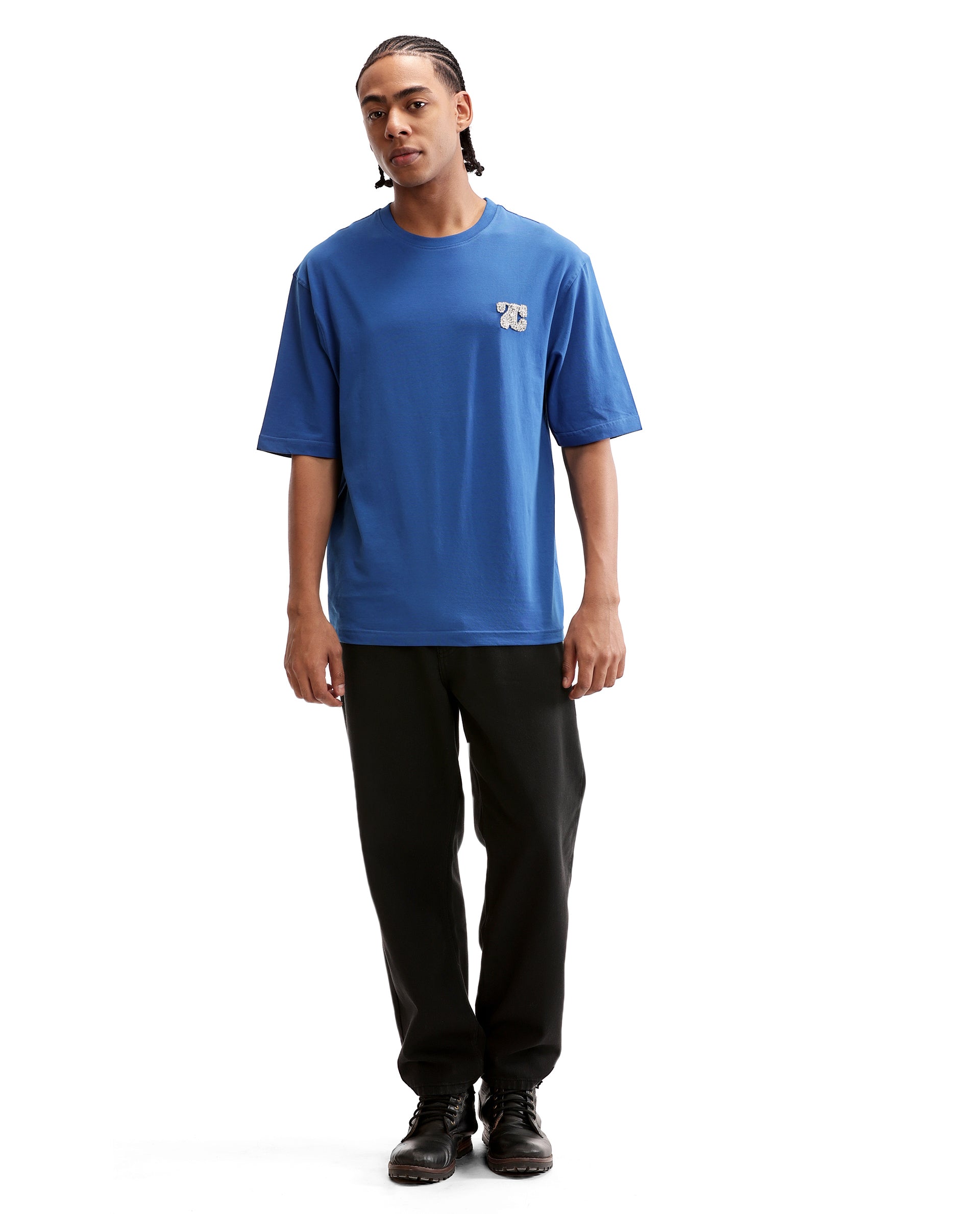 Imperial Prussian Blue Single Jersey Neck Oversized T-Shirt with Crystal Finish Rhinestones