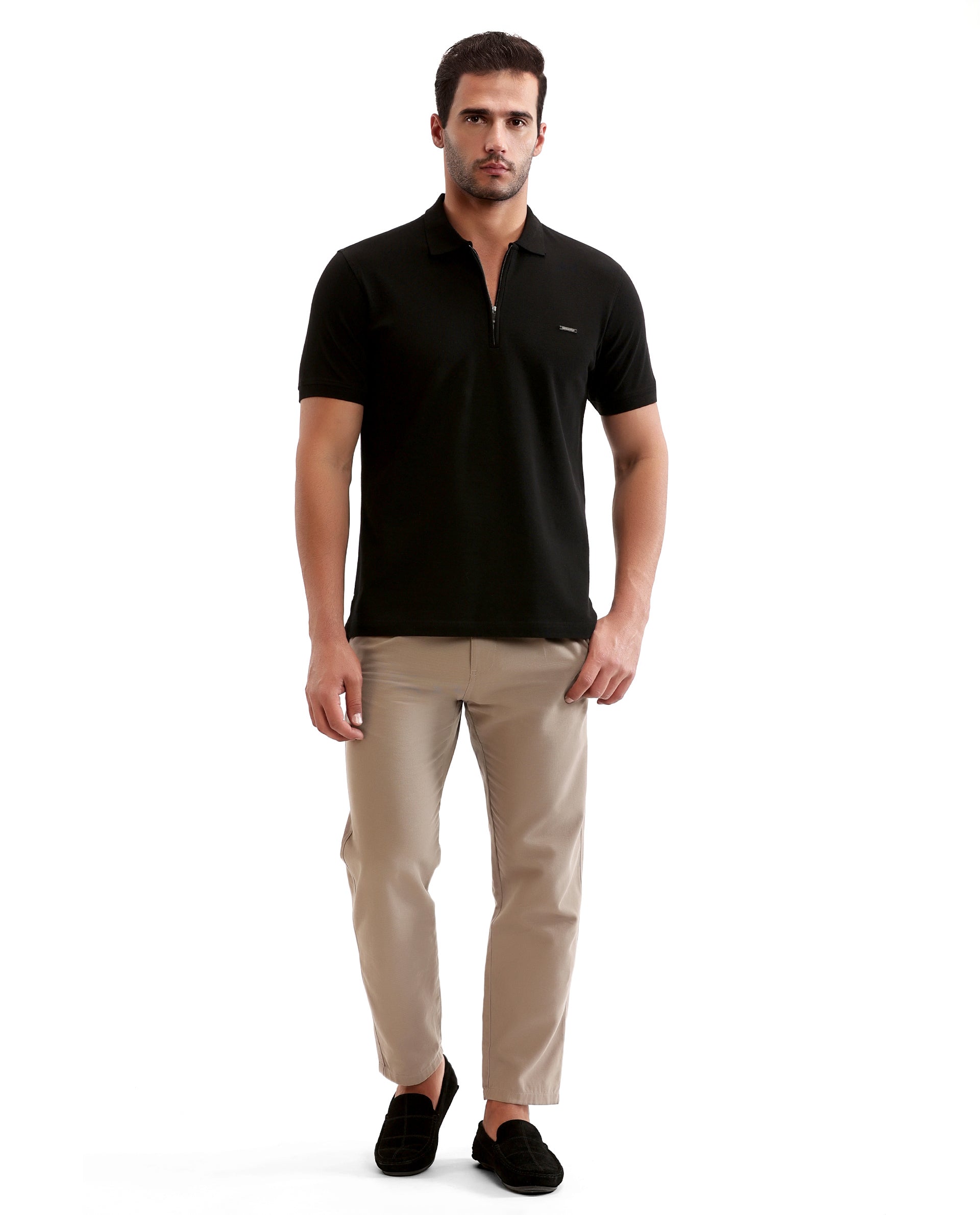Charcoal Black Pique Polo with 7C Metal Zip, Metal Badge