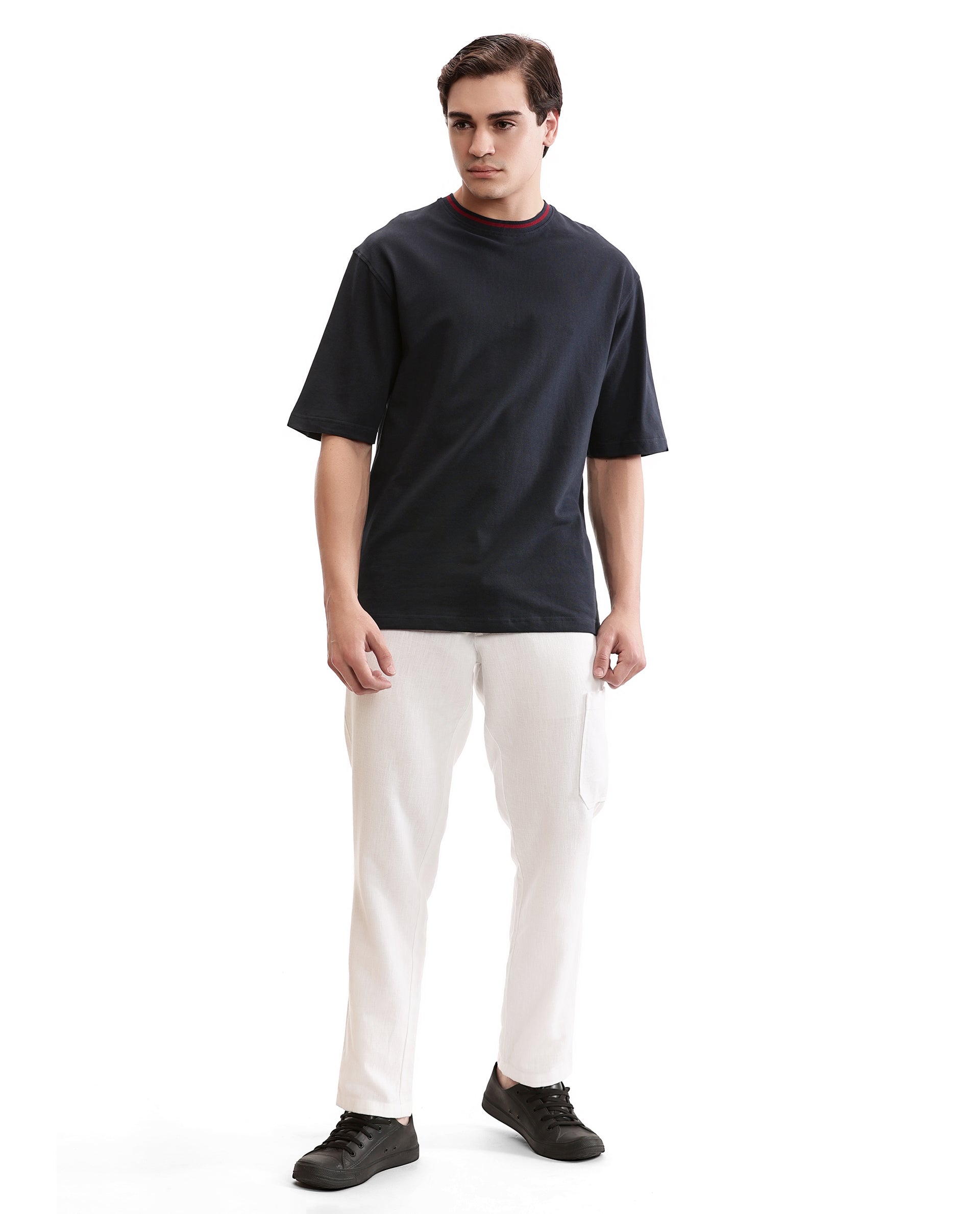 Midnight Navy Blue Pique Crew Neck Oversized T-Shirt with Bordeaux Maroon Piping