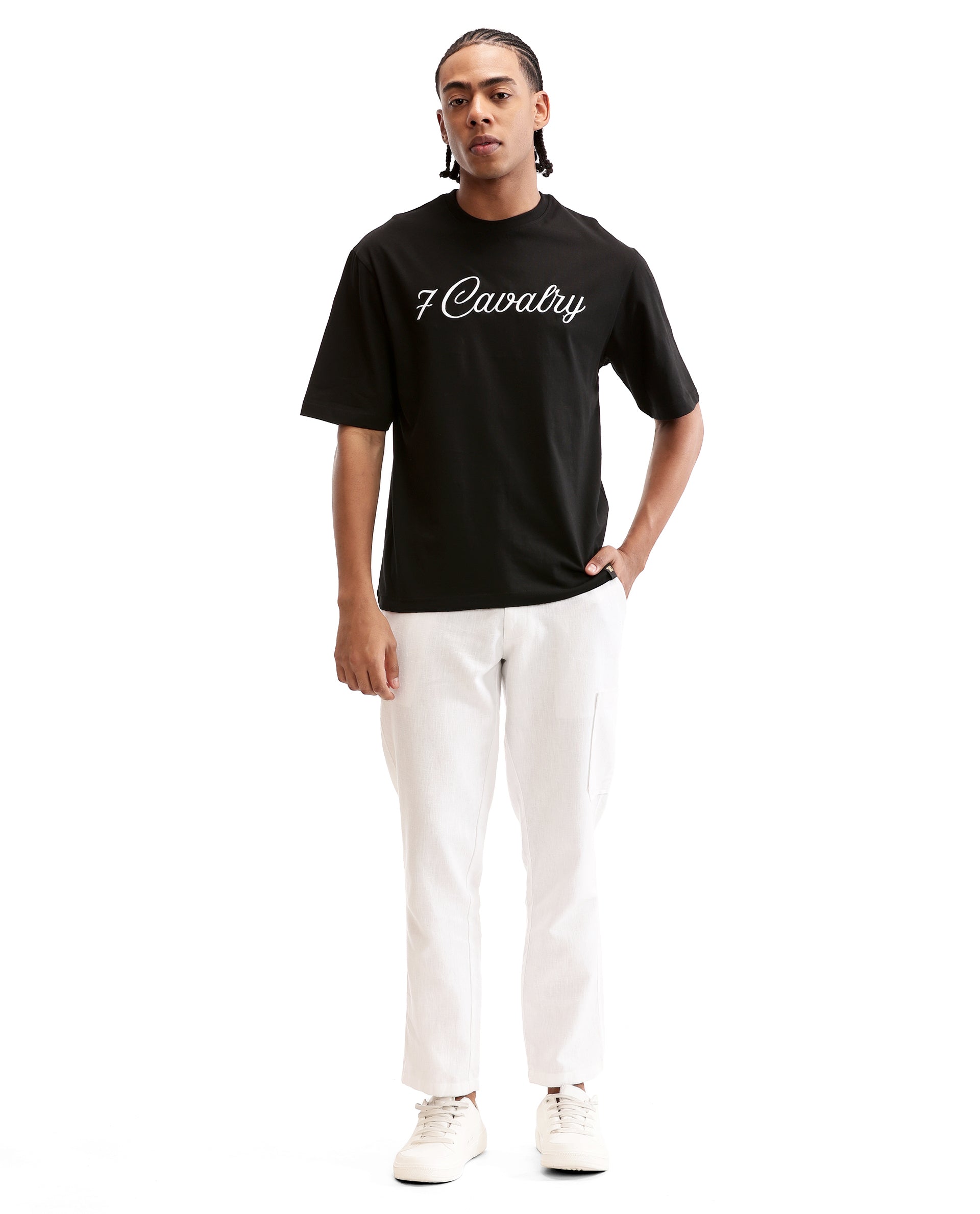 Charcoal Black Single Jersey Crew Neck Oversized T-Shirt with Pure White Embroidery