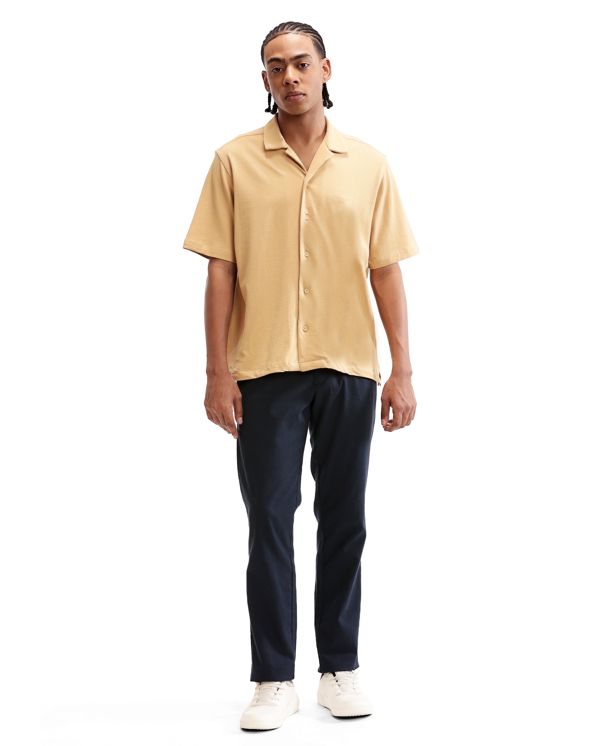 Camel Beige Pique Knit Shirt with HD Print