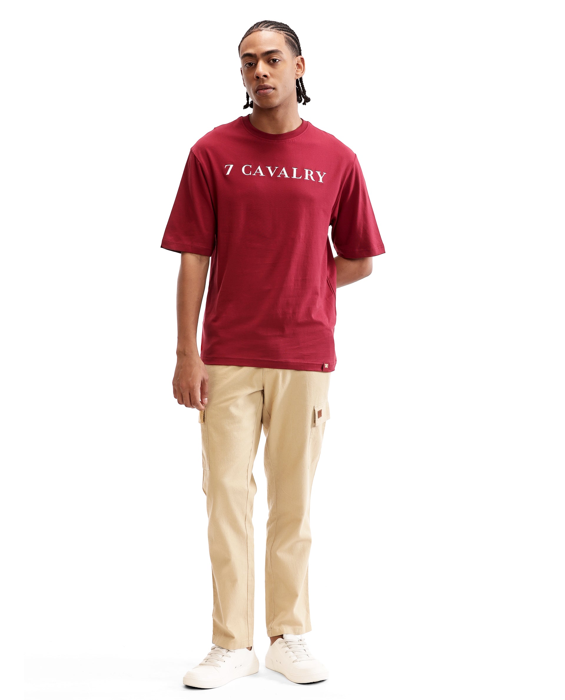Bordeaux Maroon Single Jersey Crew Neck Oversized T-Shirt with Pure White Embroidery