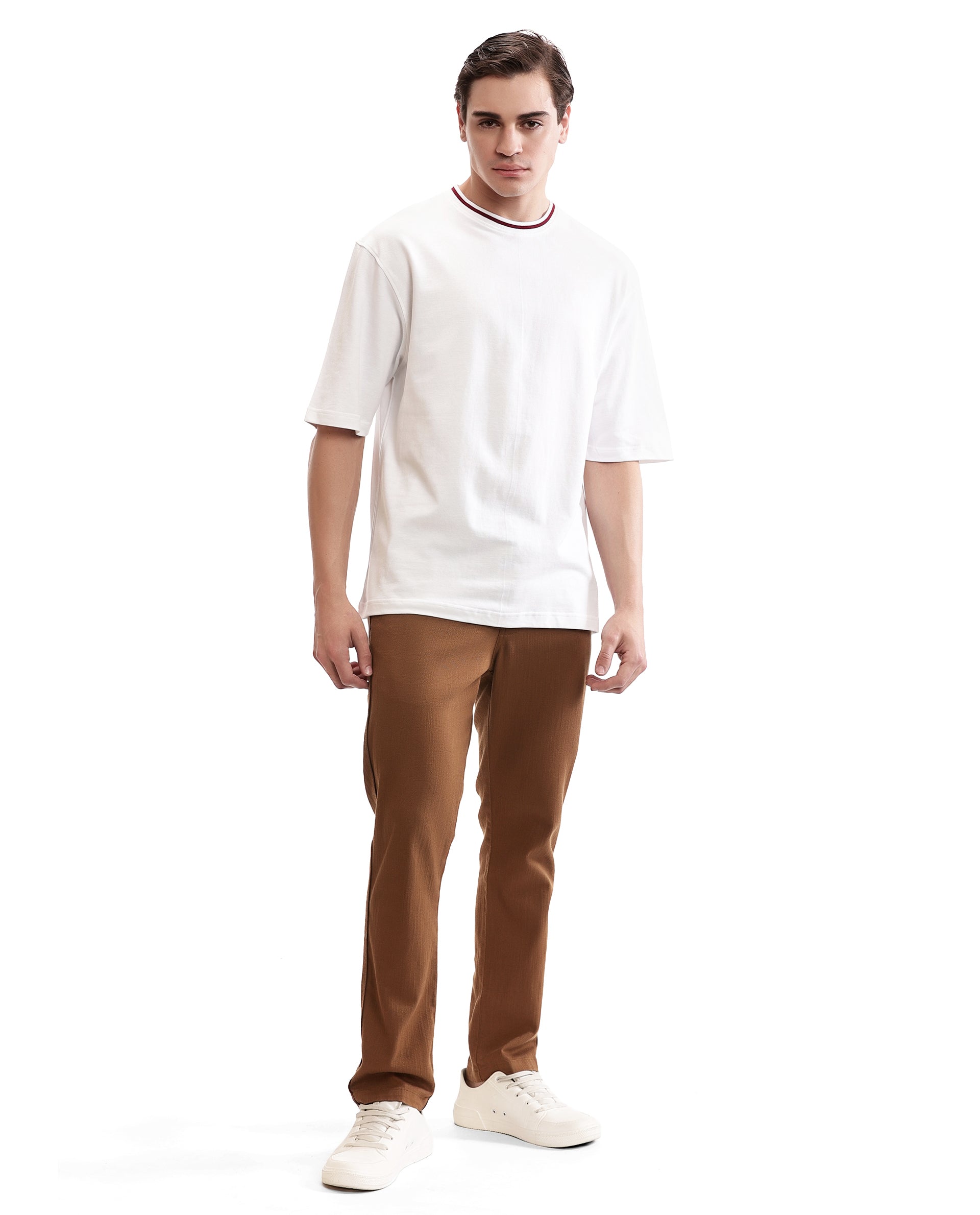 Pure White Pique Crew Neck Oversized T-Shirt with Bordeaux Maroon Piping