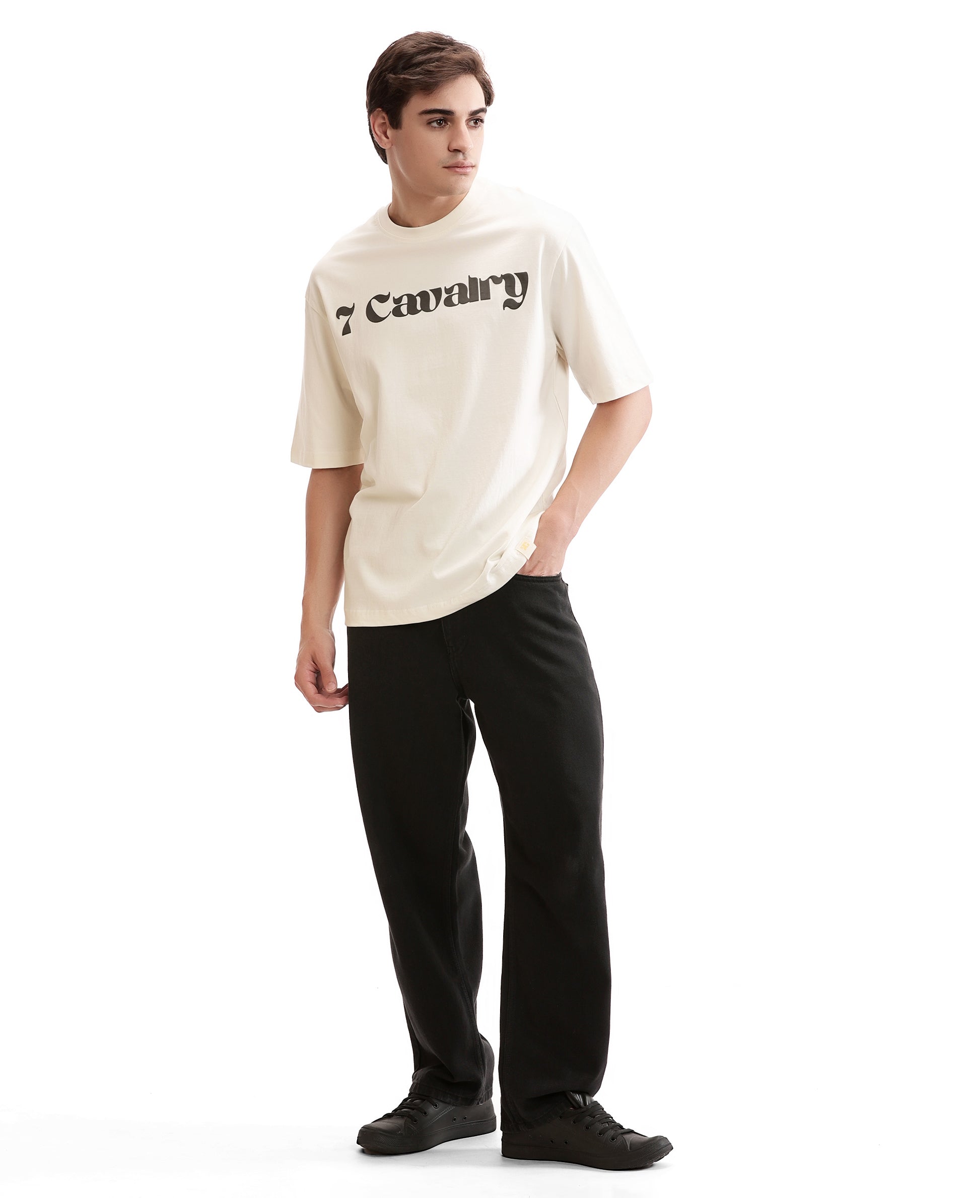 Ivory White Single Jersey Crew Neck Oversized T-Shirt with Charcoal Black Puff Print