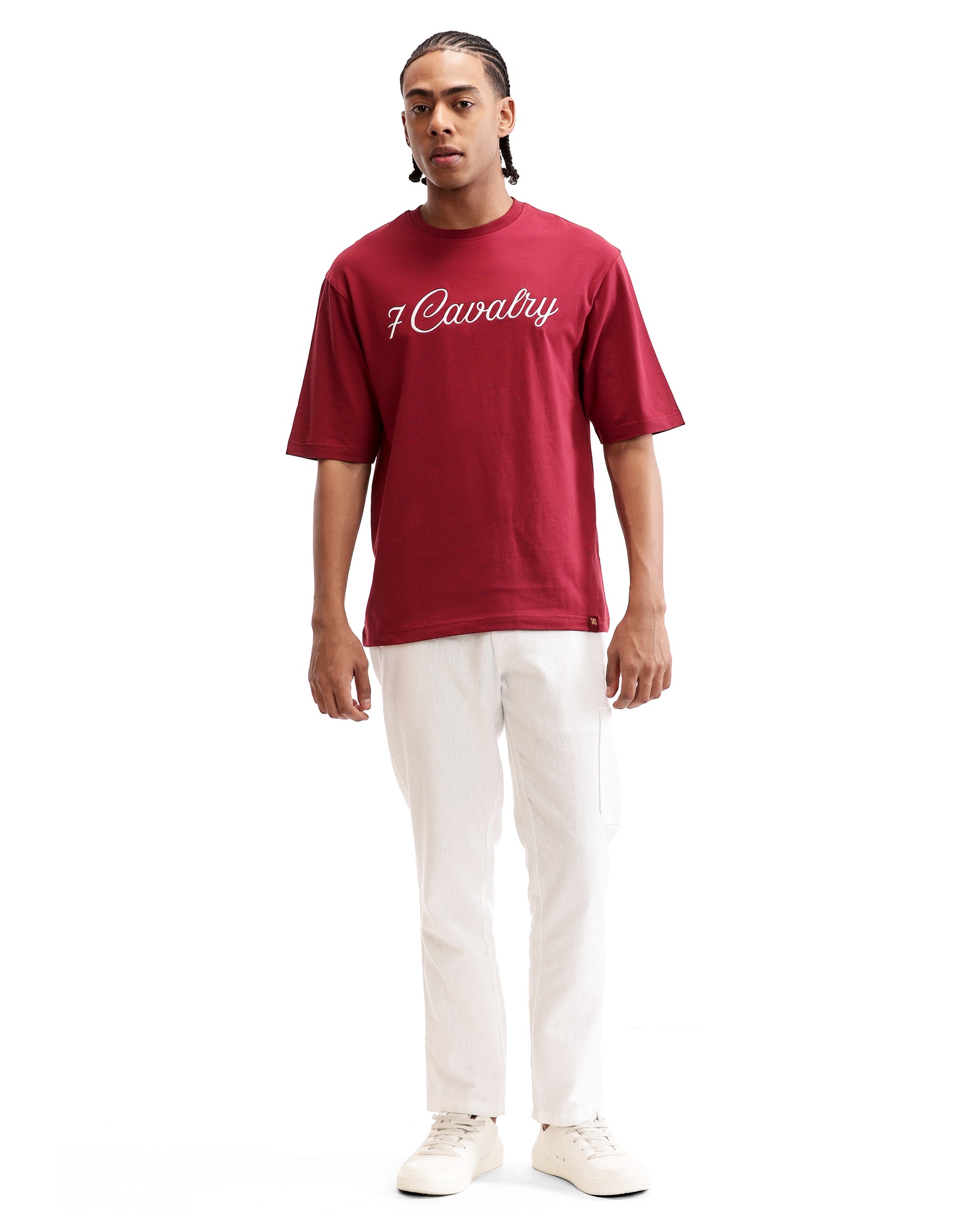 Bordeaux Maroon Single Jersey Crew Neck Oversized T-Shirt with Pure White Embroidery