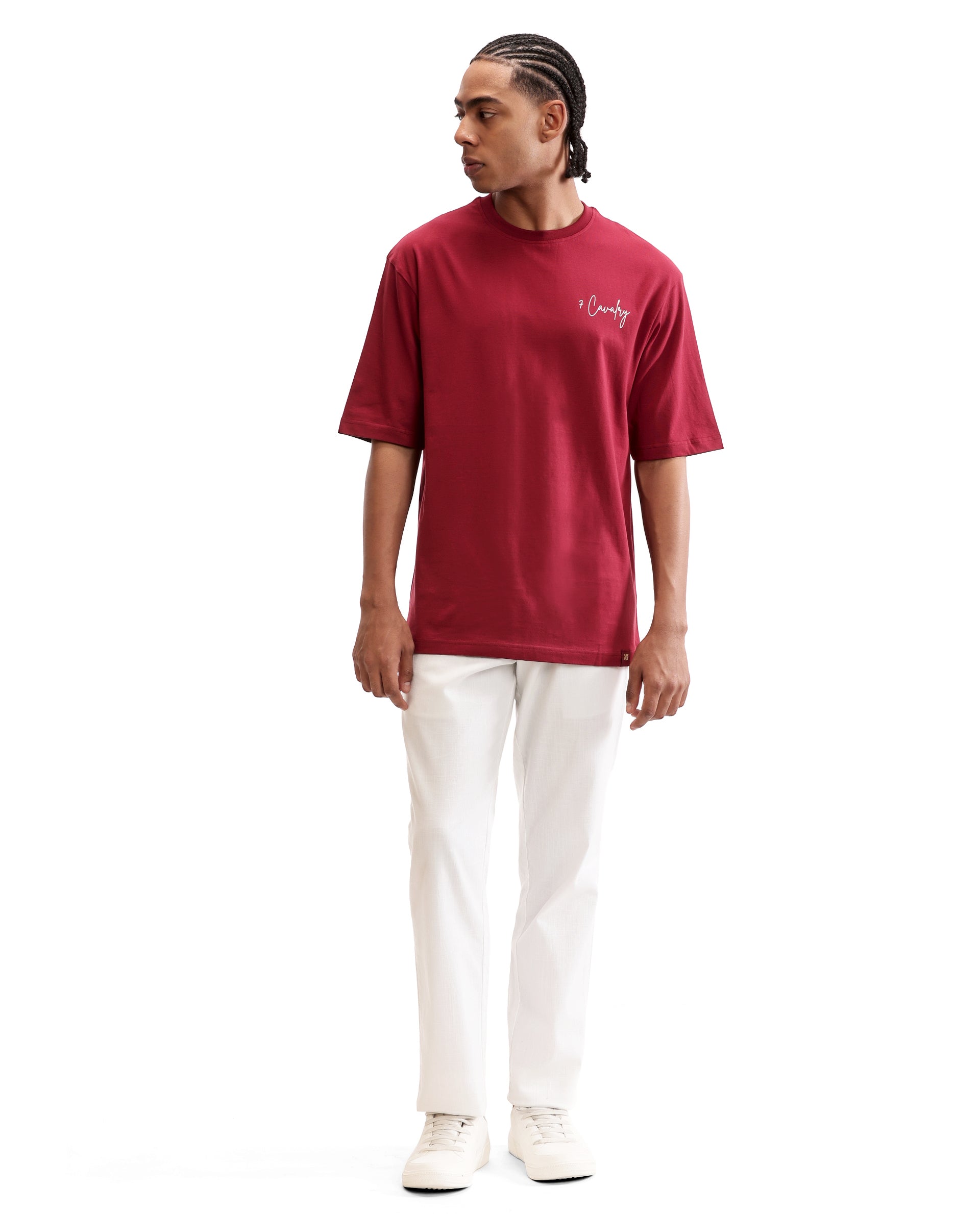 Bordeaux Maroon Single Jersey Crew Neck Oversized T-Shirt with Pure White Non-PVC Print