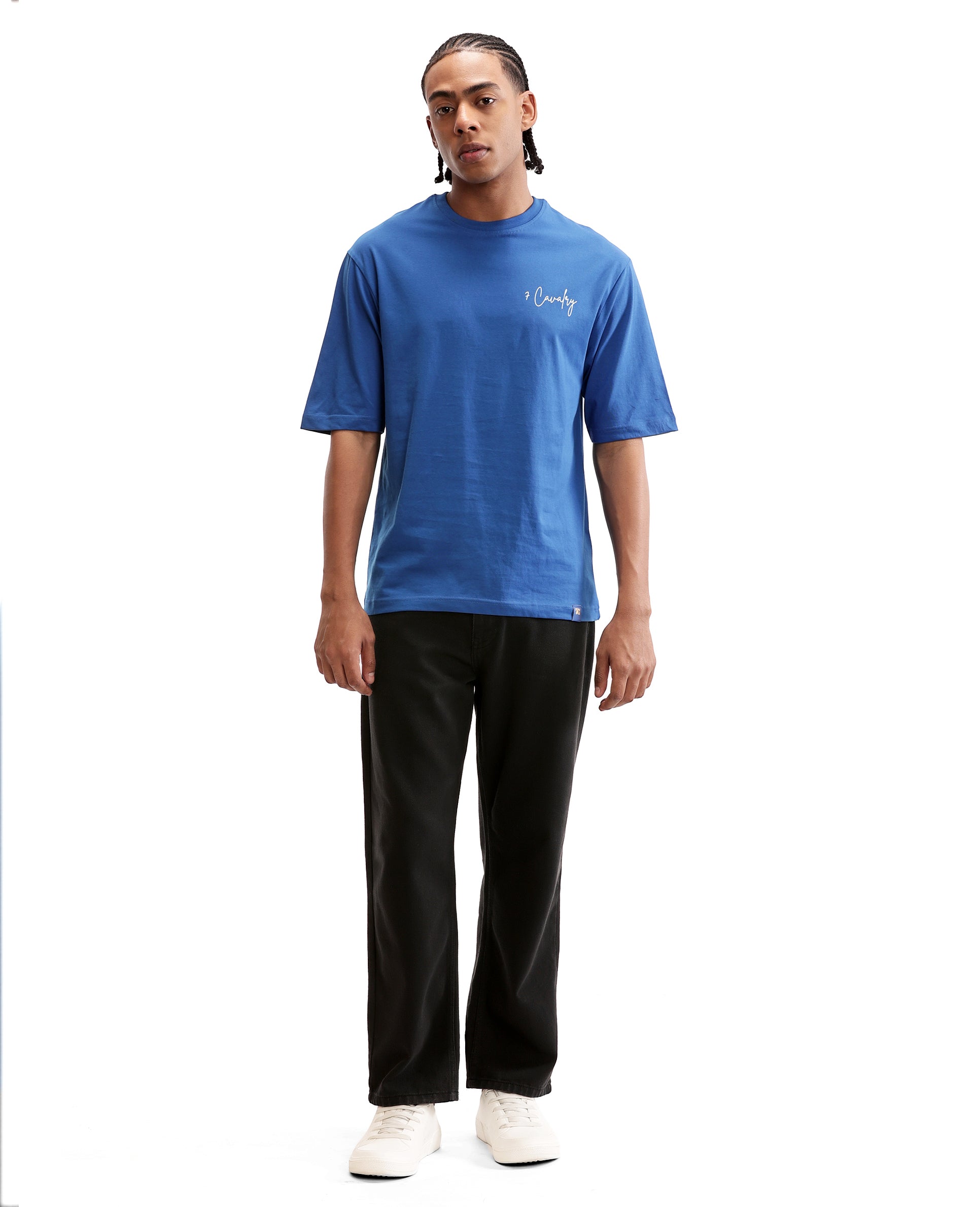 Imperial Prussian Blue Single Jersey Crew Neck Oversized T-Shirt with Pure White Non-PVC Print