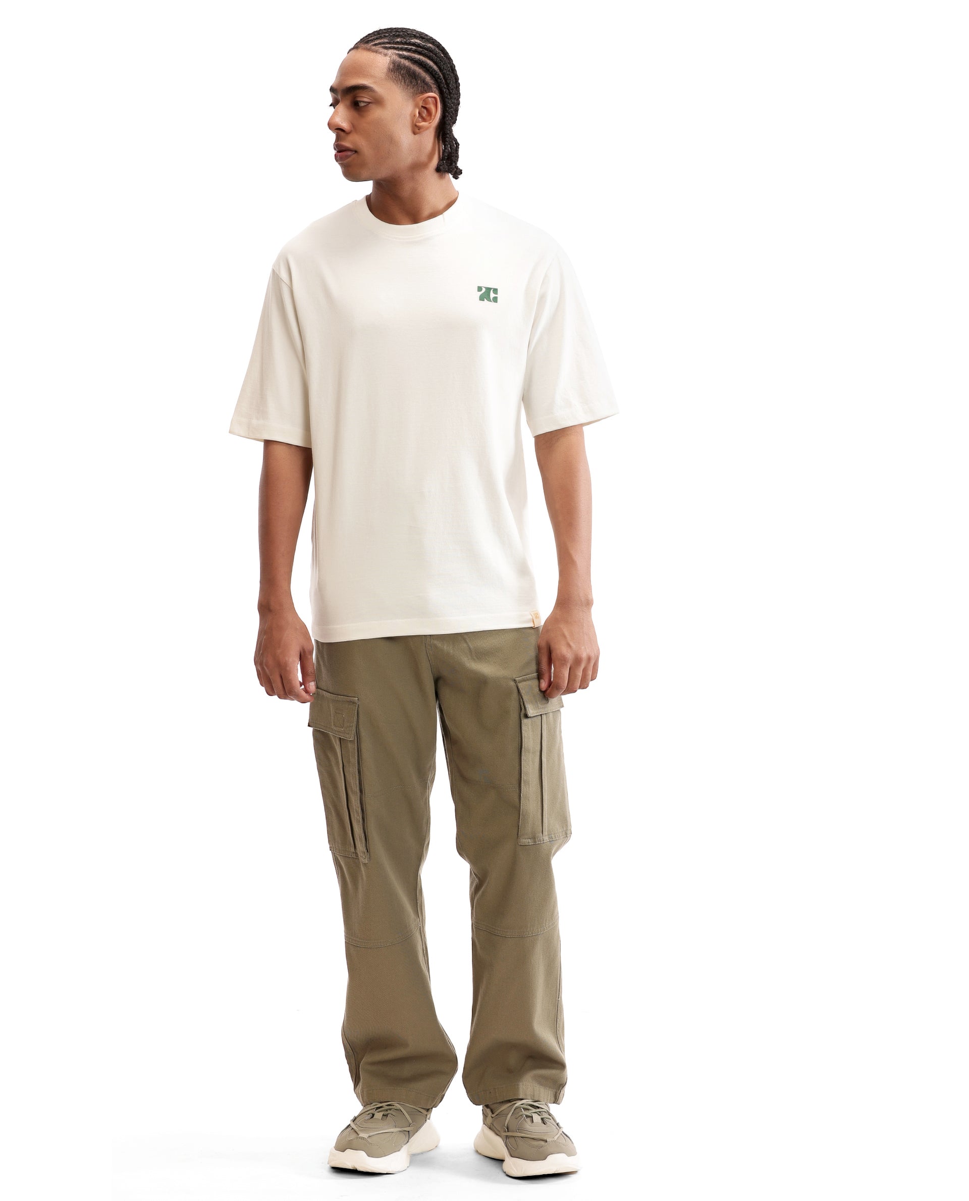 Ivory White Single Jersey Crew Neck Oversized T-Shirt with Deep Forest Green HD Print