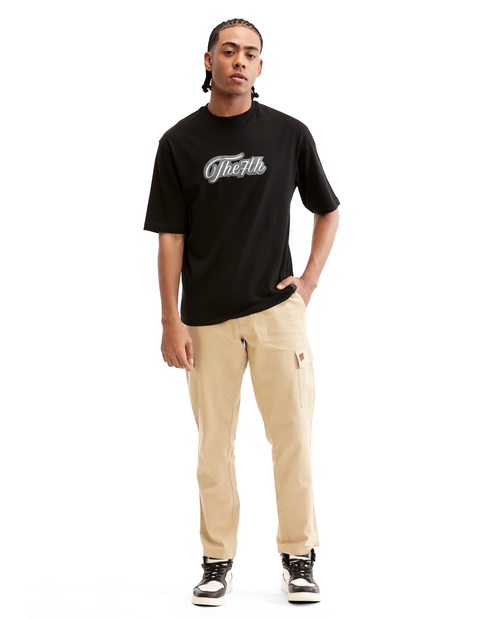 Charcoal Black Single Jersey Crew Neck Oversized T-Shirt with Charcoal Grey Print & Pure White 7C Embroidery