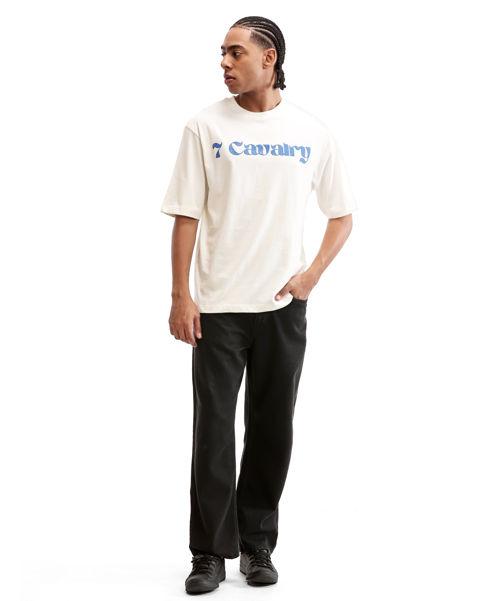 Ivory White Single Jersey Crew Neck Oversized T-Shirt with Midnight Navy Blue Puff Print