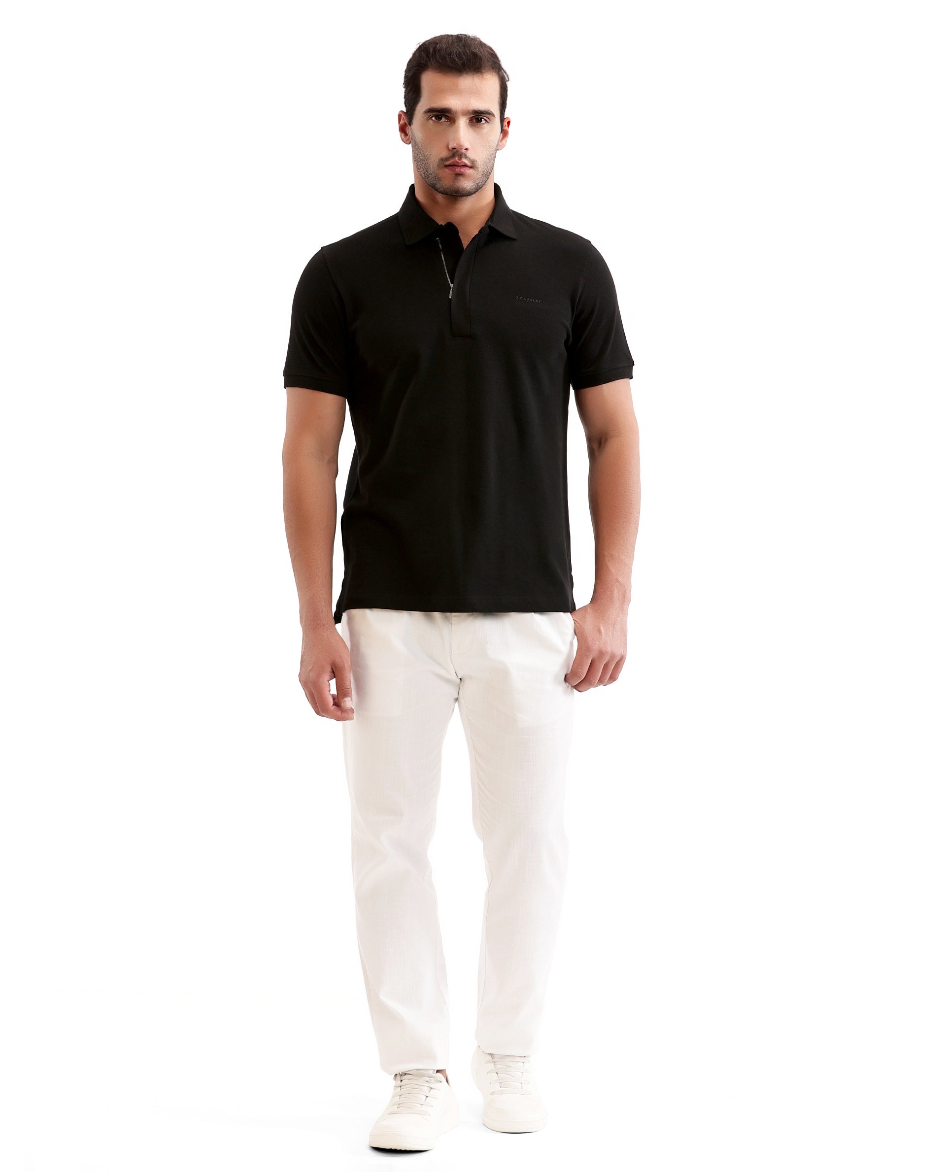 Charcoal Black Solid Polo with Concealed 7C Metal Zip, HD Print